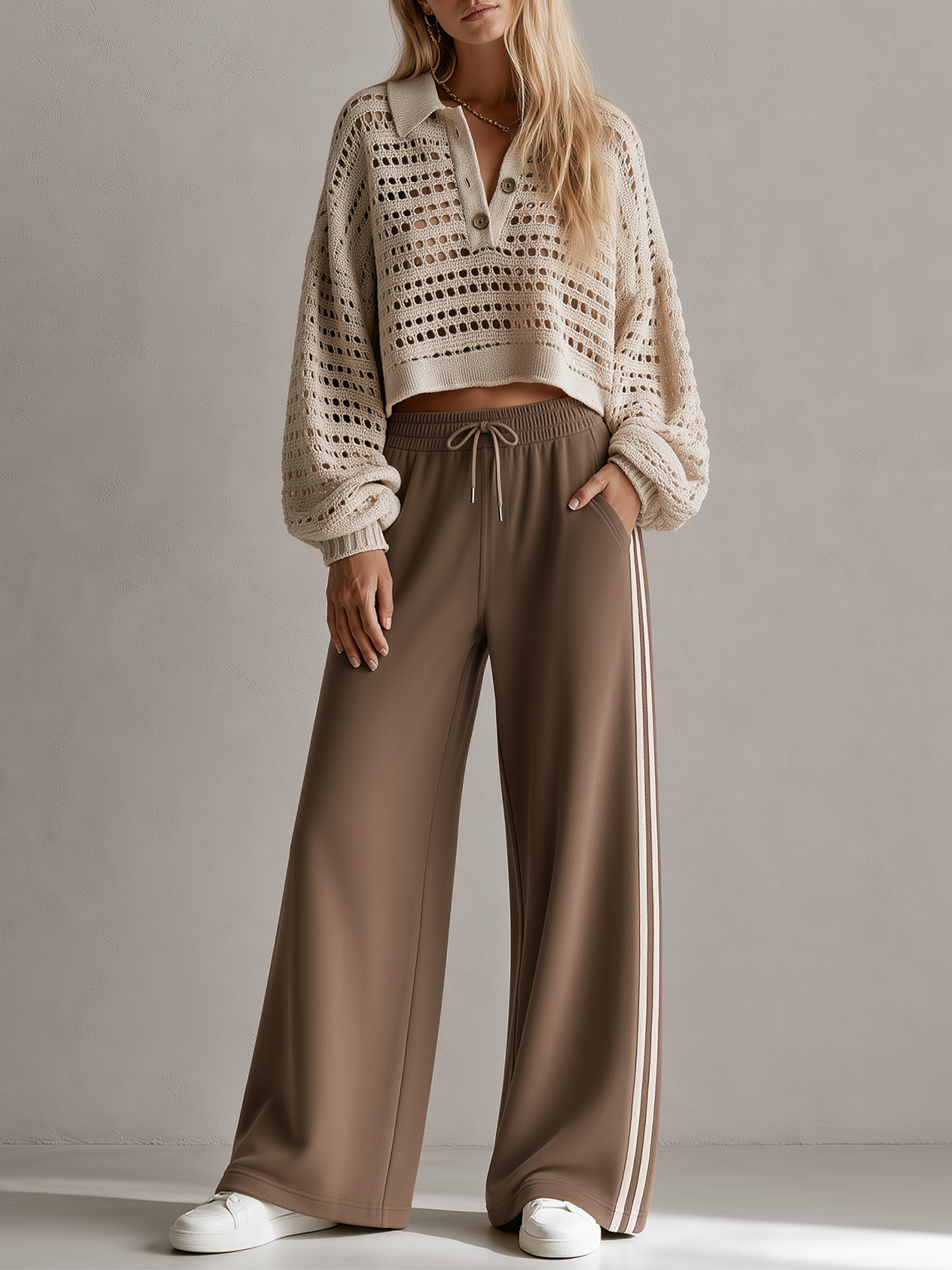 Oatmeal-colored Open-knit Polo-collar Sweater And Brown Color-block Trousers Set