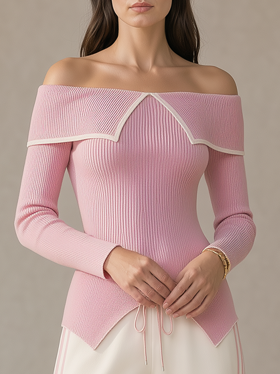 Stylish Pink Color-Block Off-Shoulder Collared Knit Top