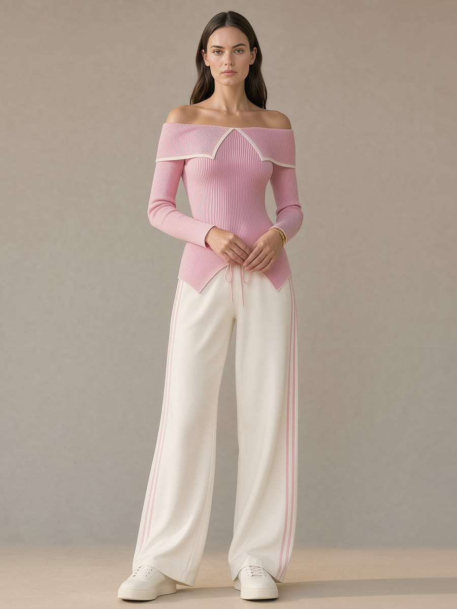Stylish Pink Color-Block Off-Shoulder Collared Knit Top