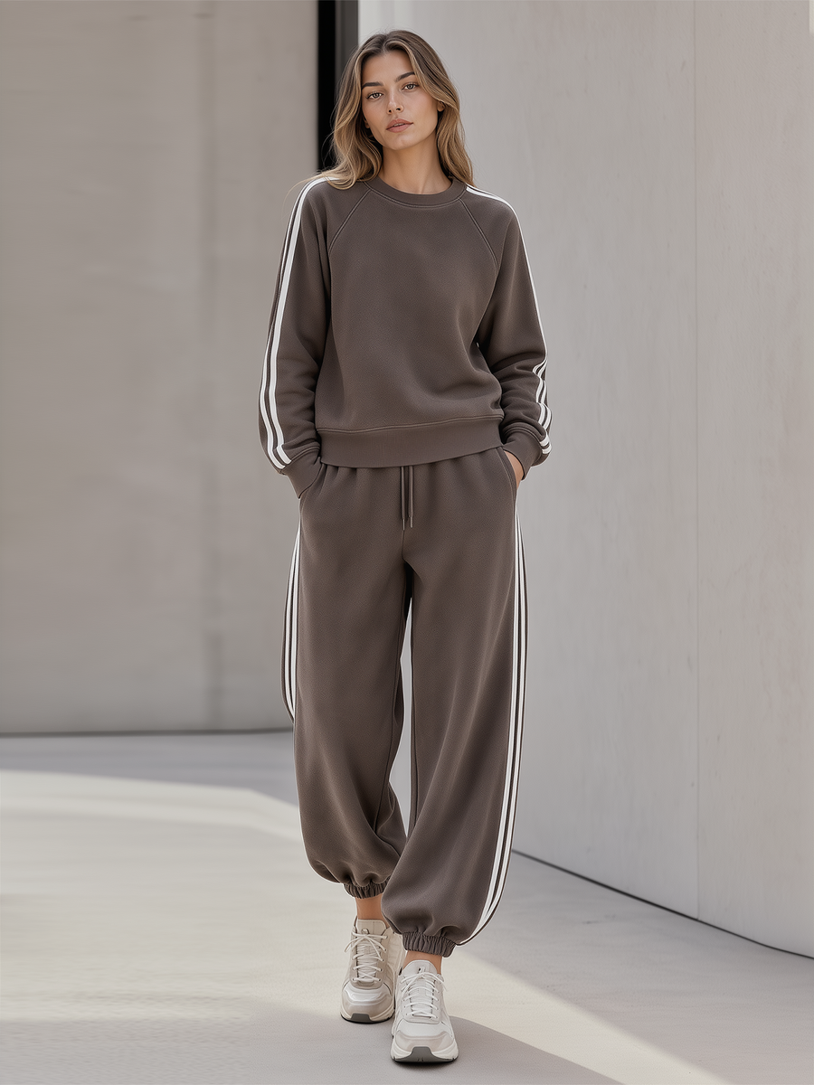 Coffee Crew Neck Raglan Side White Stripe Sweatshirt Jogger Pants Set
