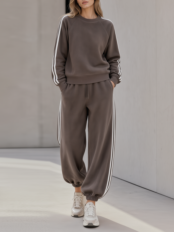 Coffee Crew Neck Raglan Side White Stripe Sweatshirt Jogger Pants Set