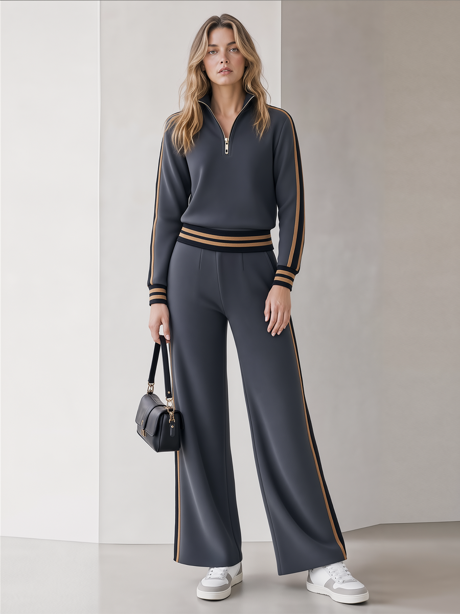 Dark Grey Half-Zip Stand Collar Side Tan Stripe Knit Top Pants Set
