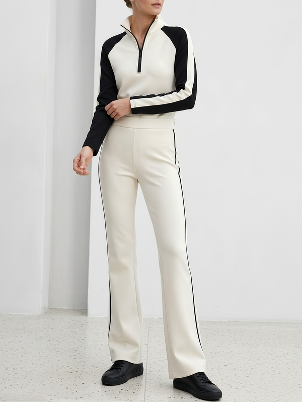 Black And White Color-block Top And Slight-flare Trouser Set
