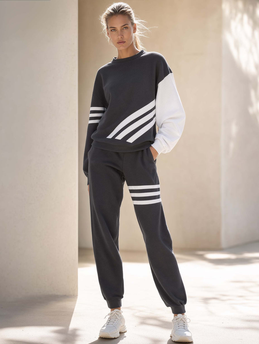 Athleisure-style Dark Gray And White Color-block Top And Pants Set