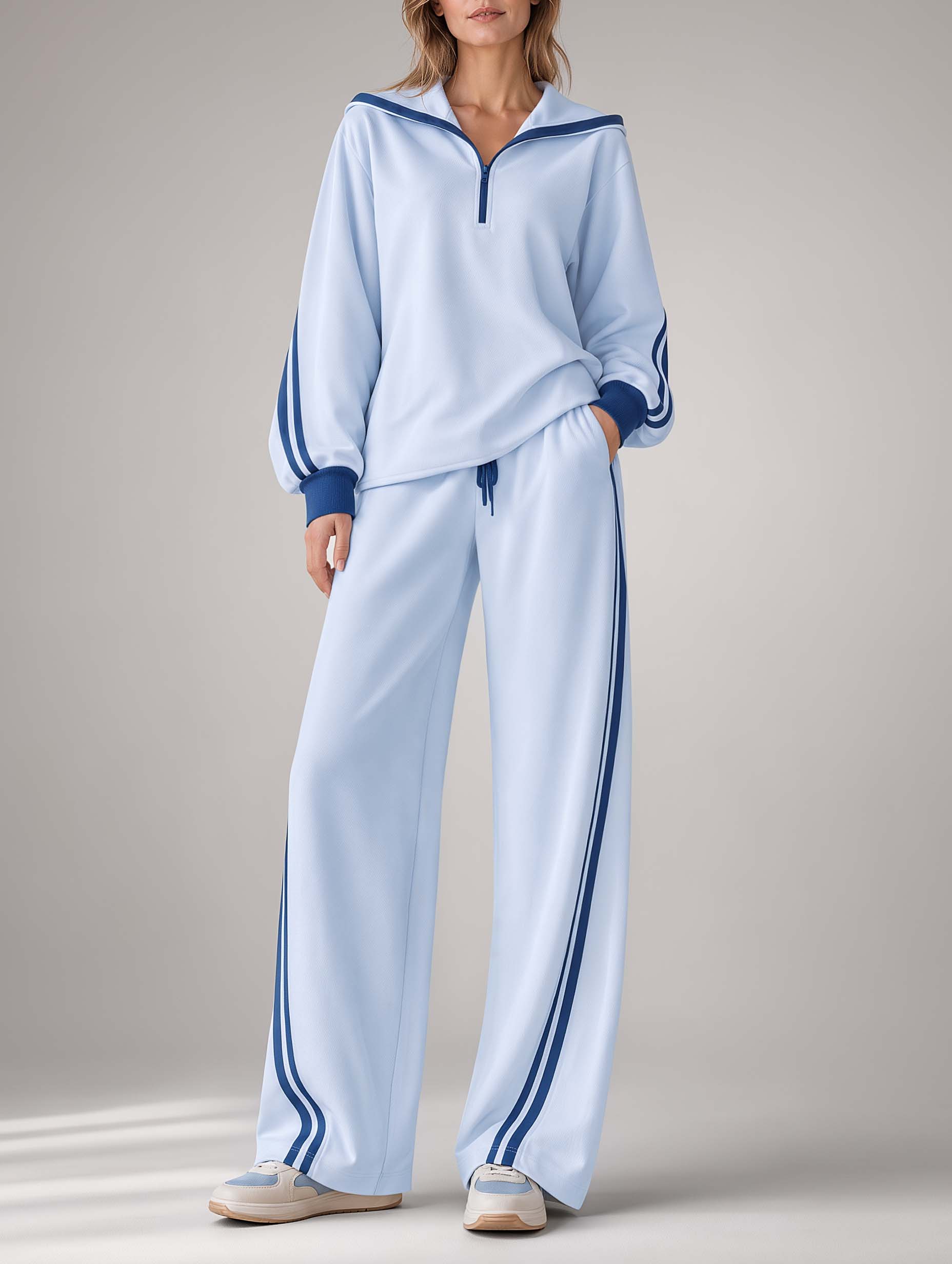 Stylish Casual Blue Color-Block Long-Sleeve Top And Wide-Leg Pants Set