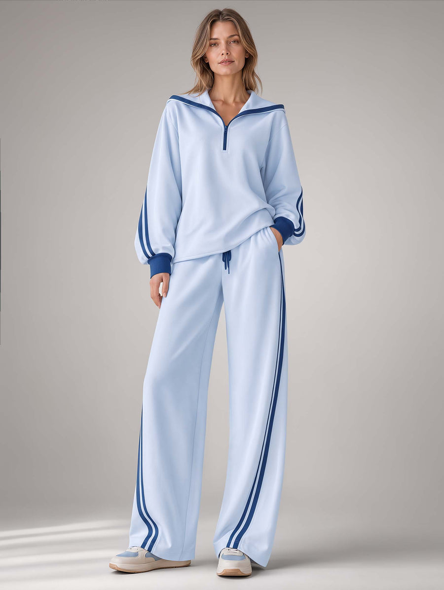 Stylish Casual Blue Color-Block Long-Sleeve Top And Wide-Leg Pants Set