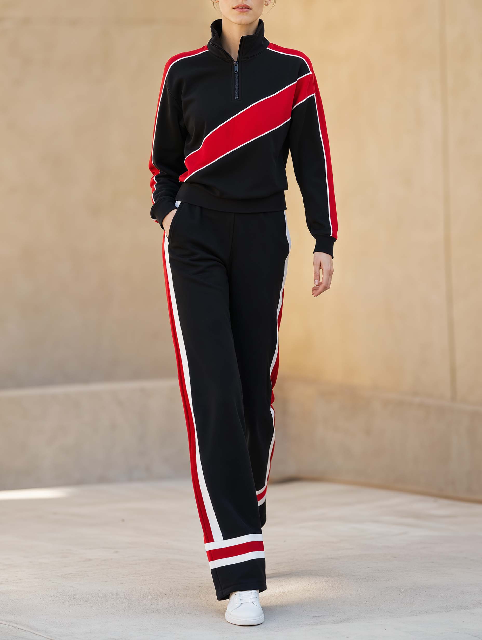 Athleisure-style Black Color-block Long-sleeve Top And Pants Set With A Half-zip Collar