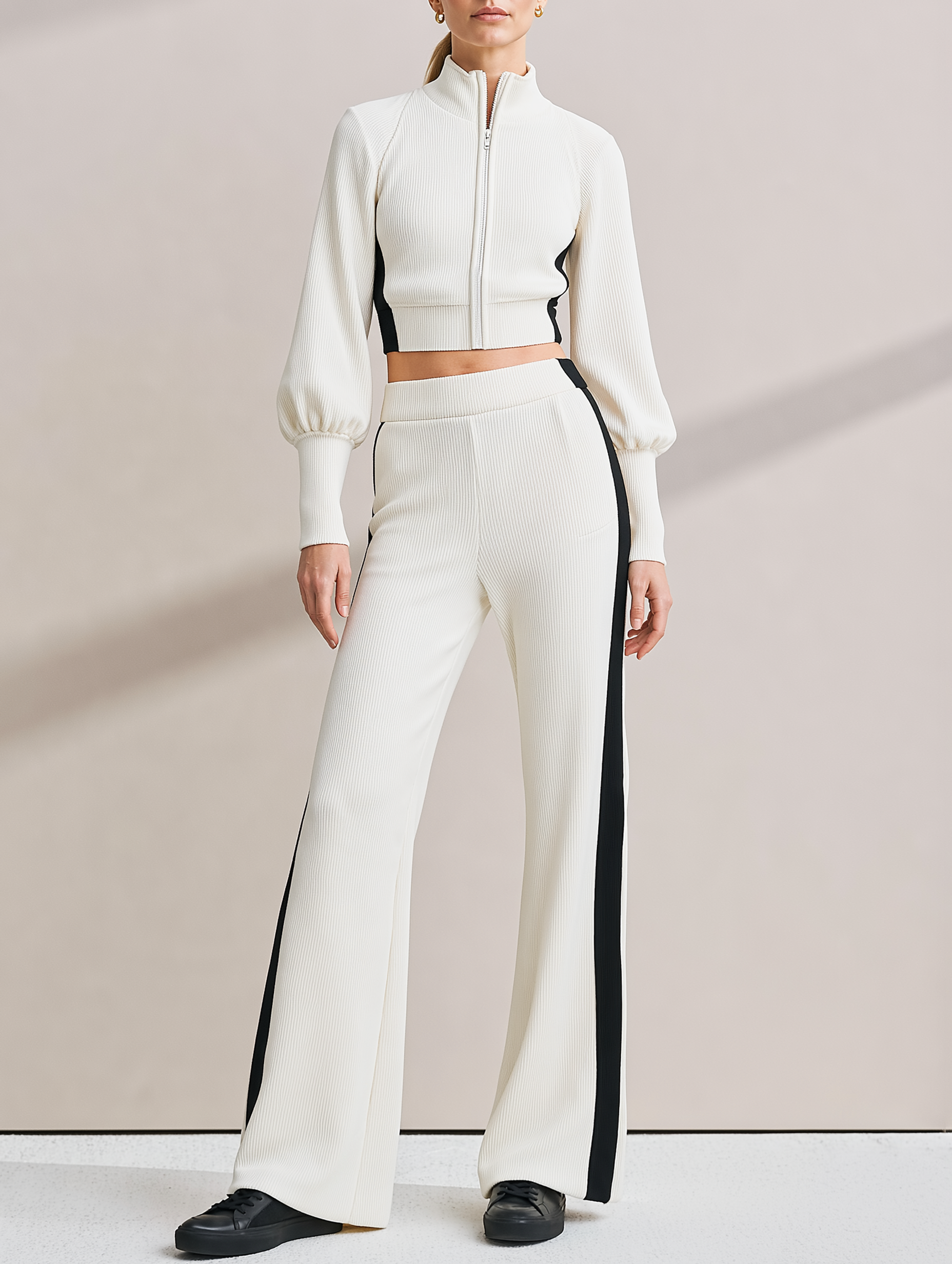 Off-white Ribbed Knit Cardigan And Slight-flare Trousers Set