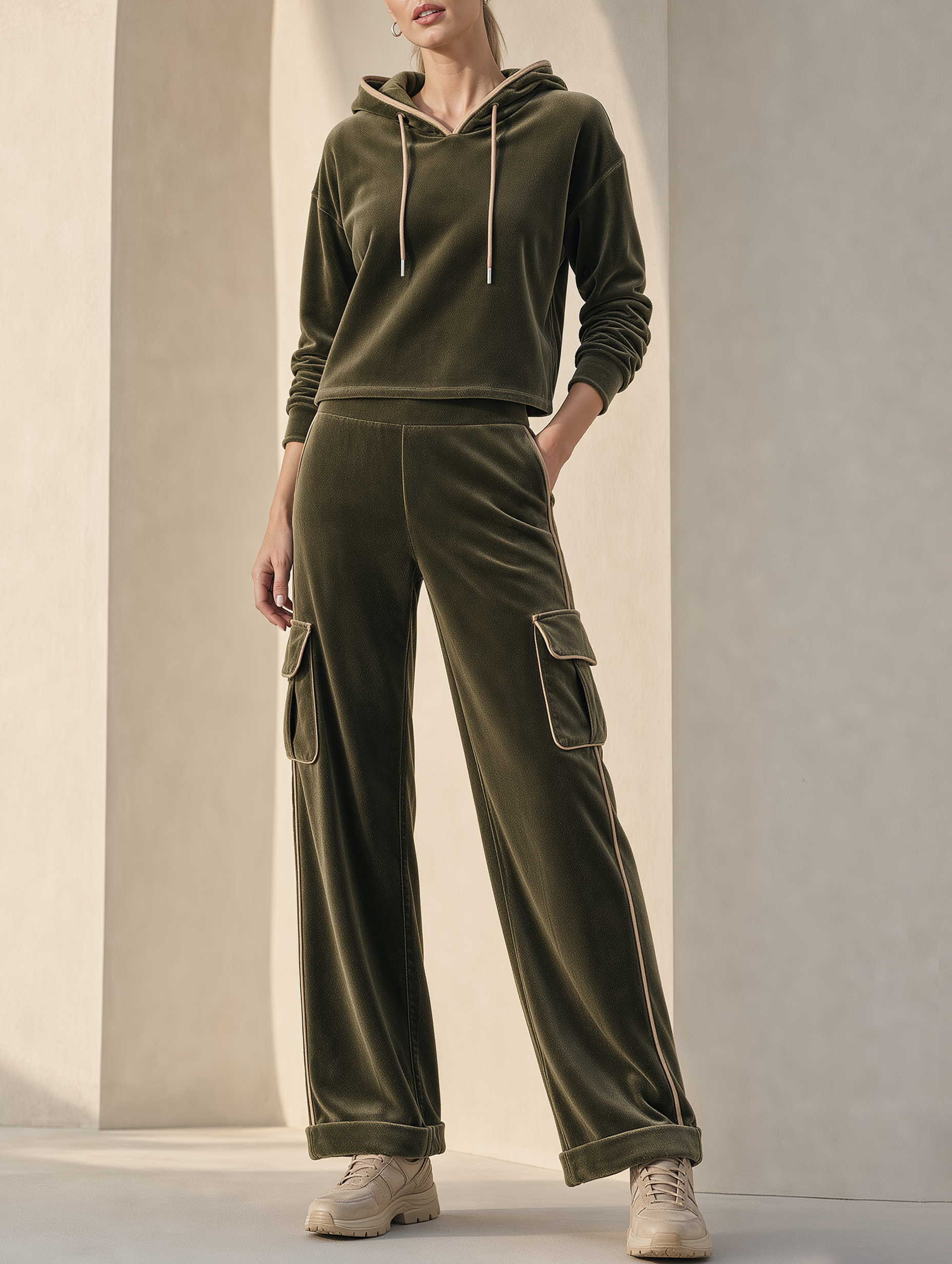 Women's Velvet Cropped Hoodie & Cargo Pants Two-Piece Set