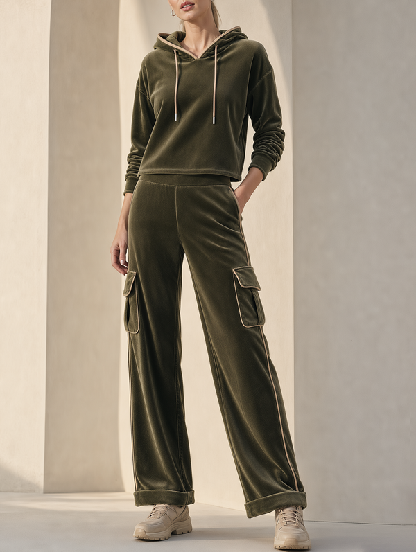 Women's Velvet Cropped Hoodie & Cargo Pants Two-Piece Set