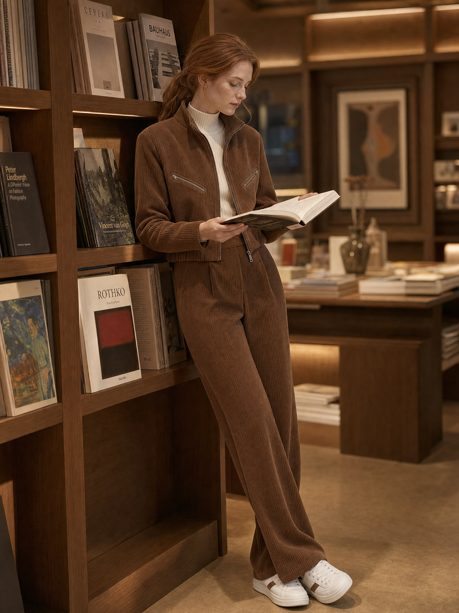 Brown Corduroy Zip-up Jacket And Wide-leg Trousers Set