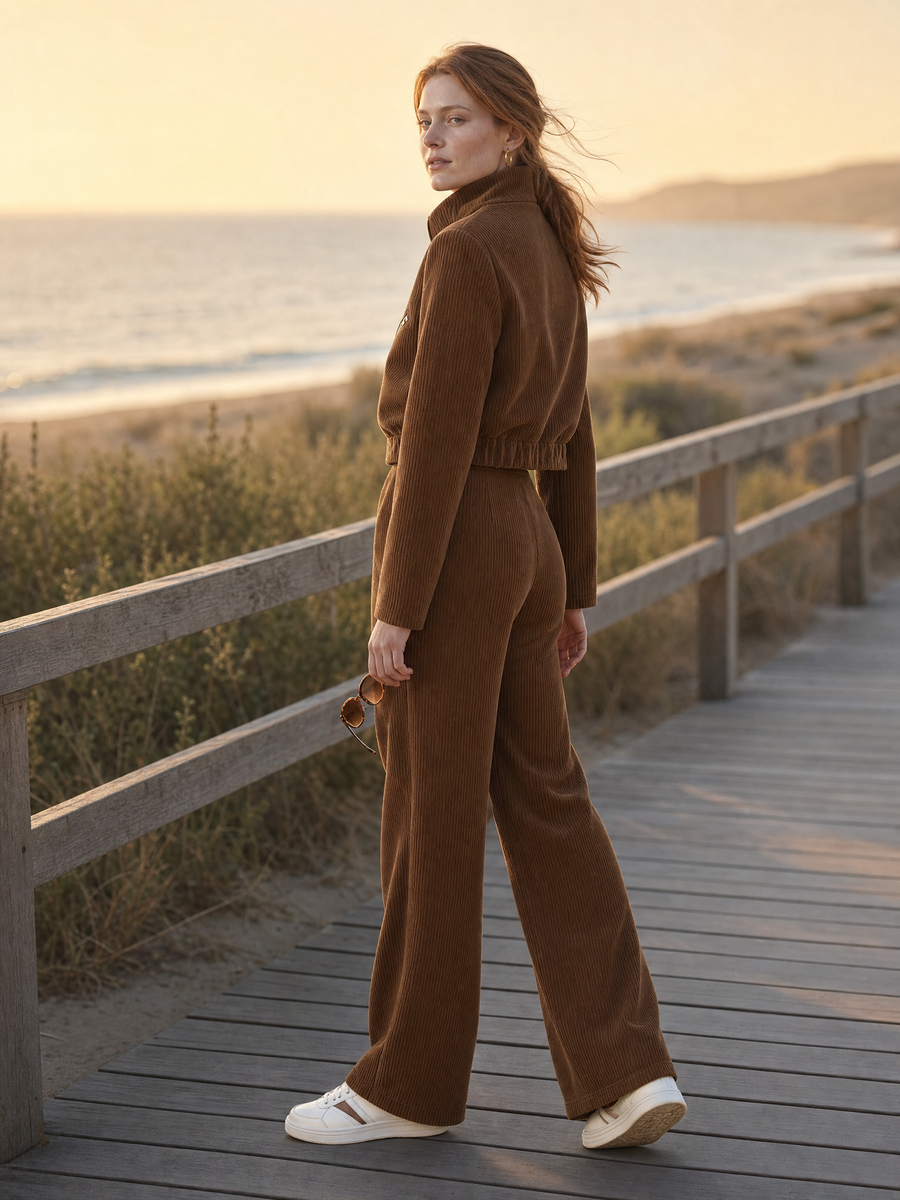 Brown Corduroy Zip-up Jacket And Wide-leg Trousers Set