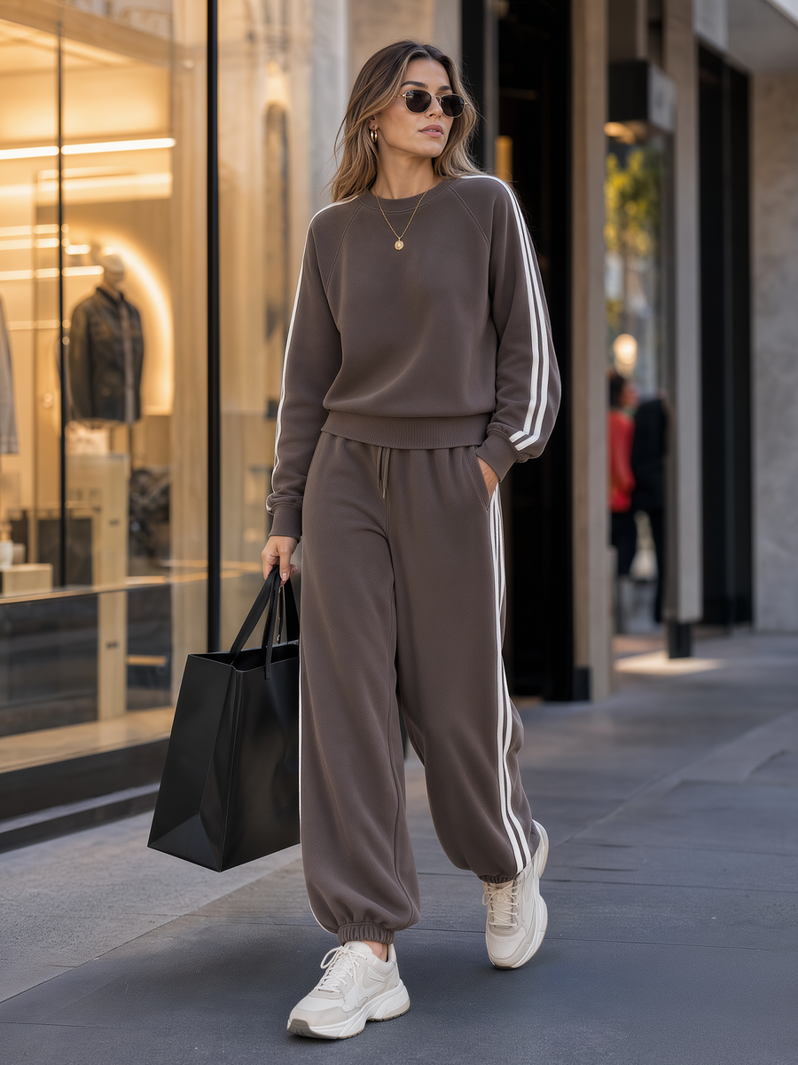 Coffee Crew Neck Raglan Side White Stripe Sweatshirt Jogger Pants Set