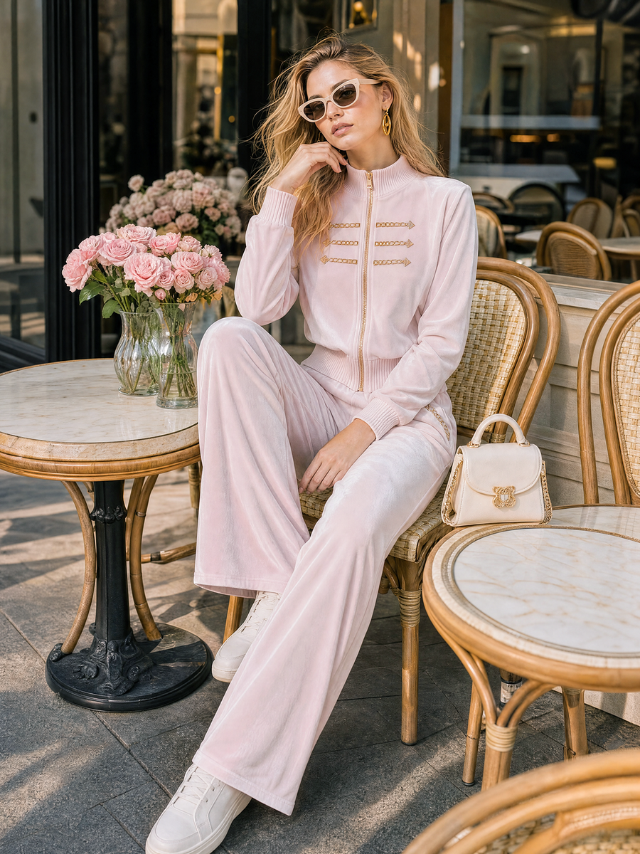 Pink Velvet Stand Collar Gold Embellished Zip Jacket Wide Leg Pants Set