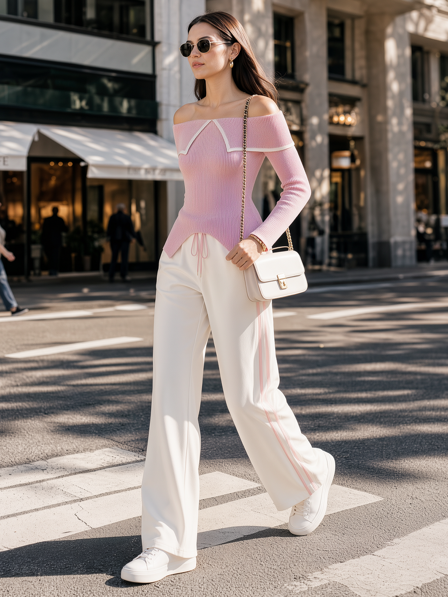 Stylish Pink Color-Block Off-Shoulder Collared Knit Top