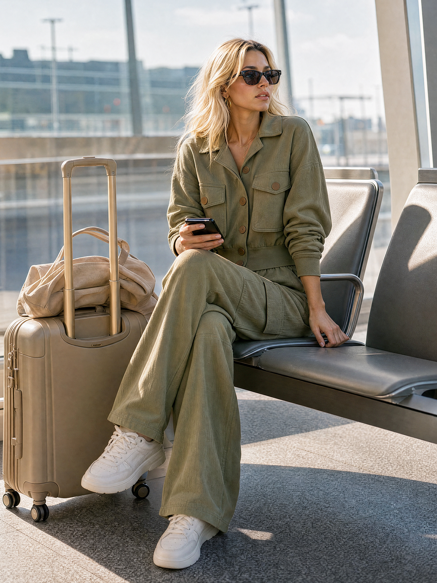 Olive Green Collared Cargo Jacket Multi-Pocket Wide Leg Cargo Pants Set