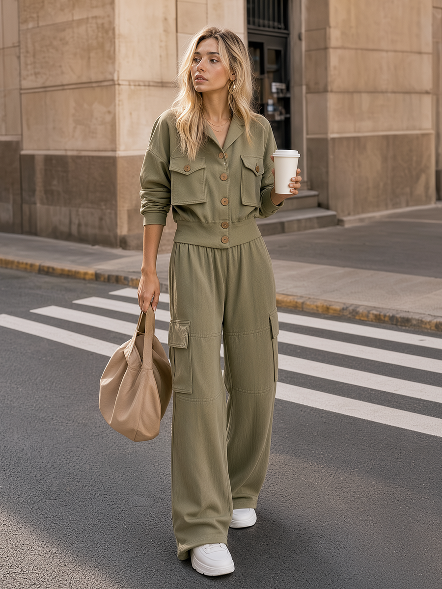 Olive Green Collared Cargo Jacket Multi-Pocket Wide Leg Cargo Pants Set