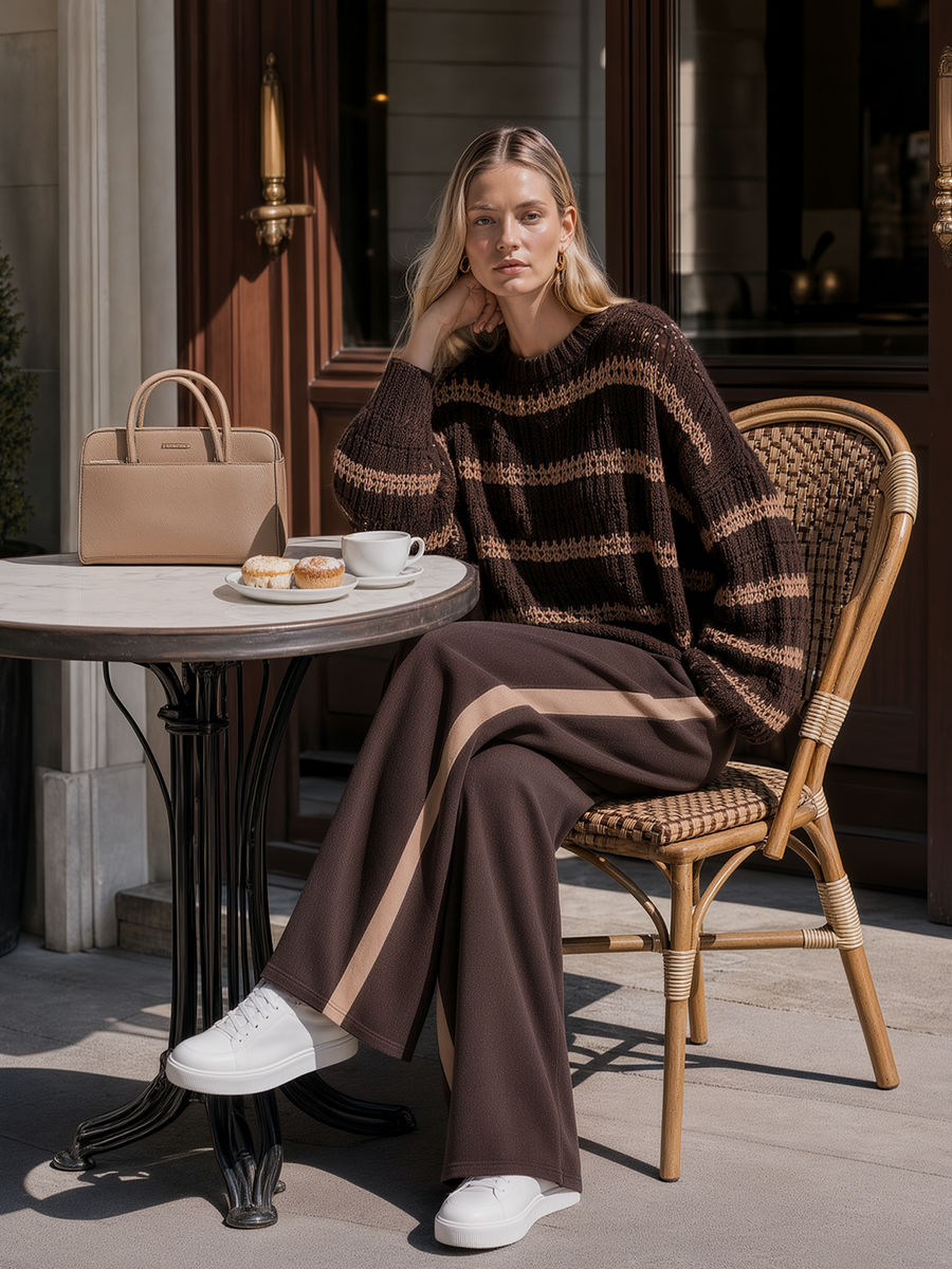 Brown Color-block Cutout Striped Sweater And Side-stripe Wide-leg Pants Set