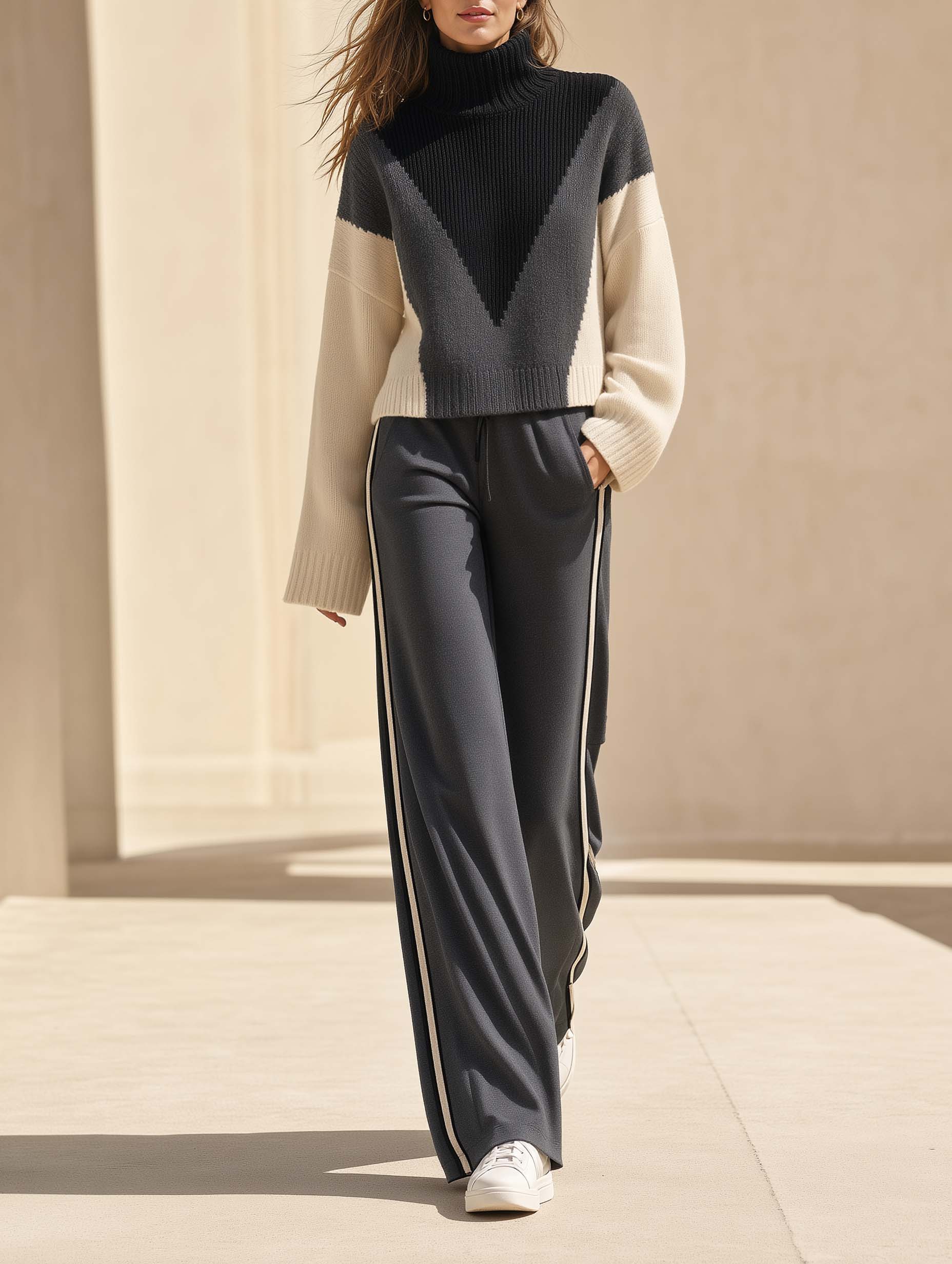 Dark Grey Color-block High-neck Long-sleeve Sweater And Trousers Set