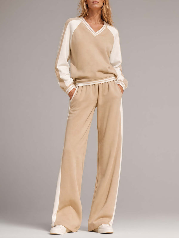 Stylish Khaki And White Color-Block V-Neck Long-Sleeve Top And Wide-Leg Pants Set