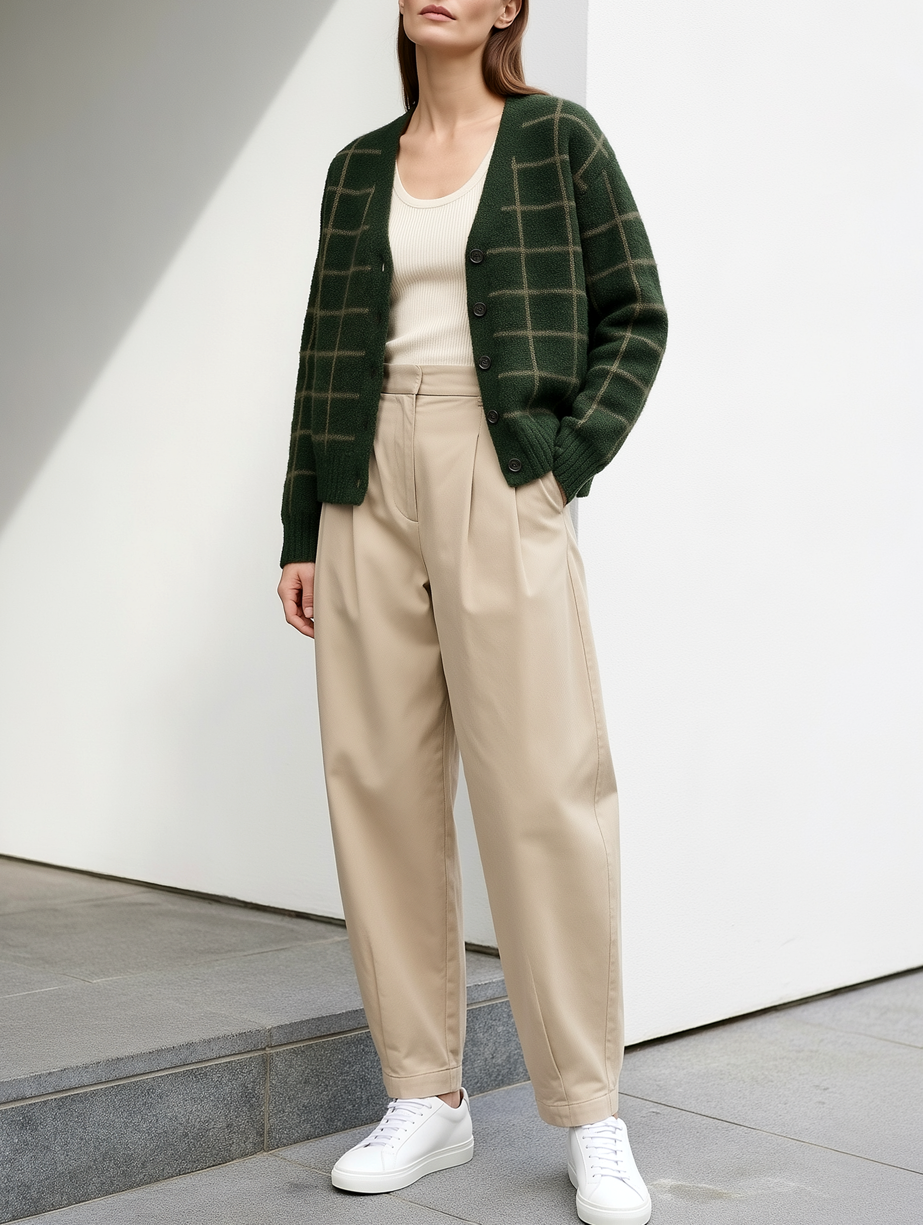 Dark Green Plaid Knit Cardigan And Khaki Casual Trousers Set
