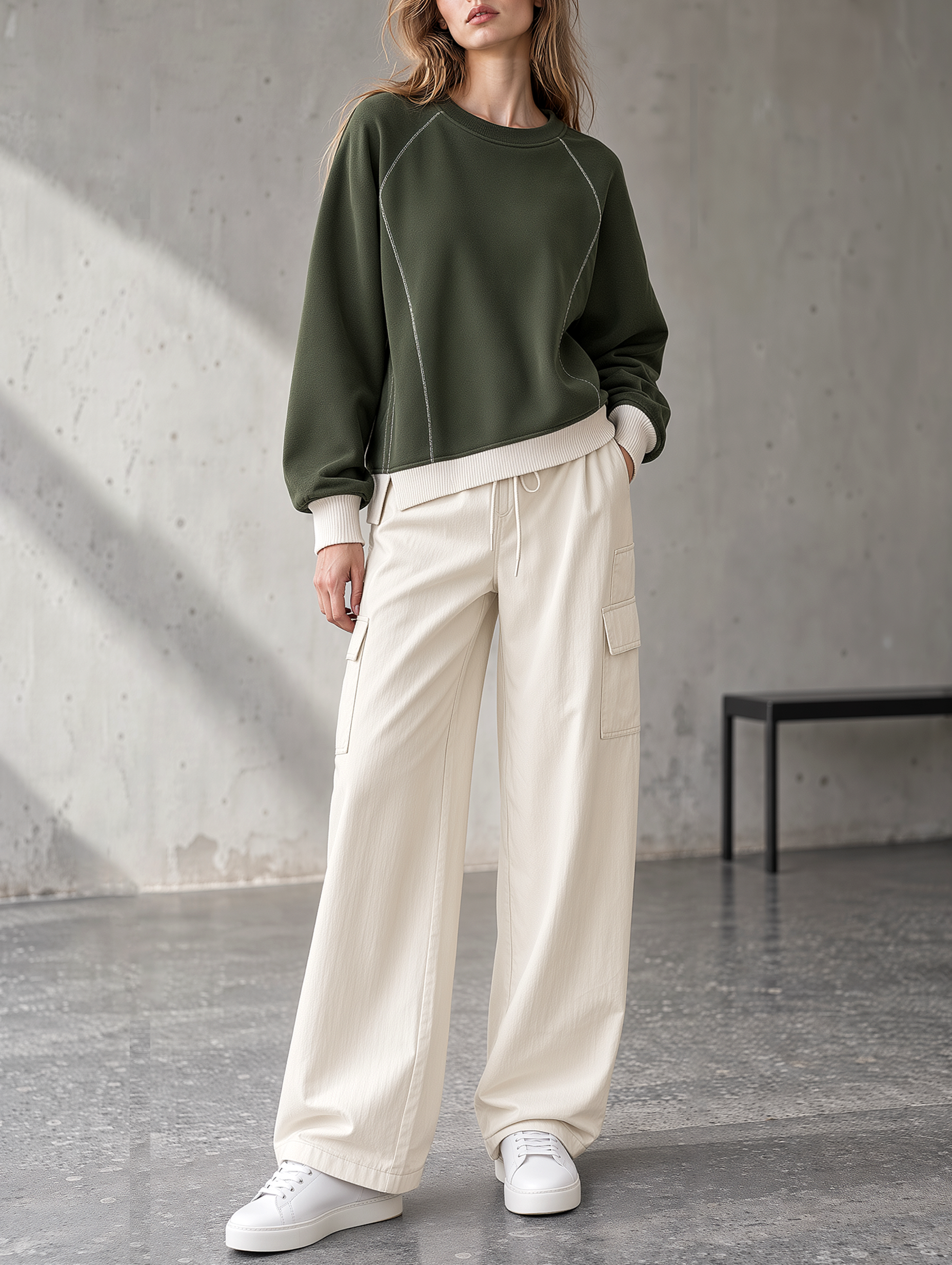 Deep Green Top-Stitched Sweatshirt And Off-White Cargo Pants Set