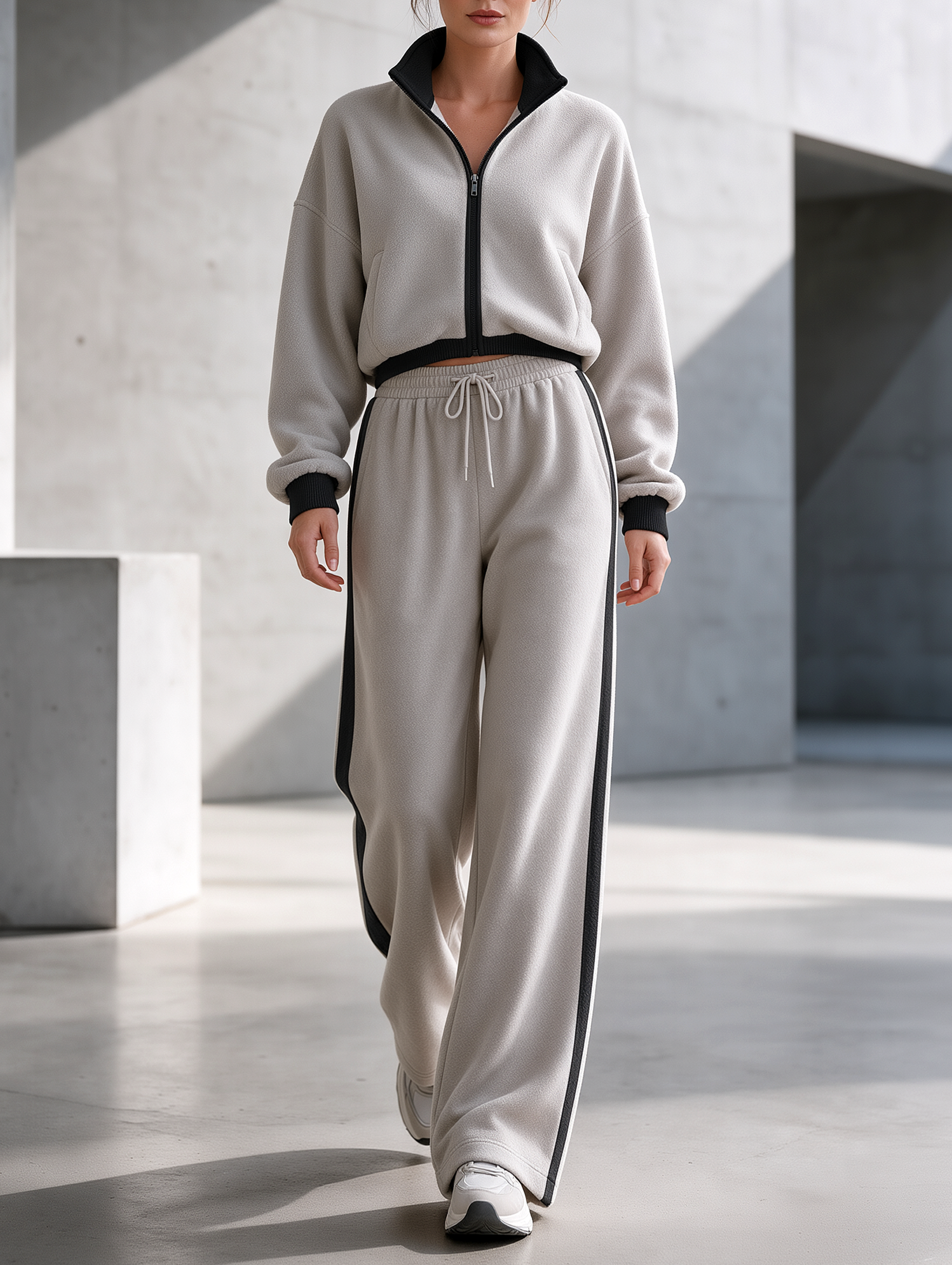 Light Gray Fleece Cropped Jacket And Wide-leg Sweatpants Set