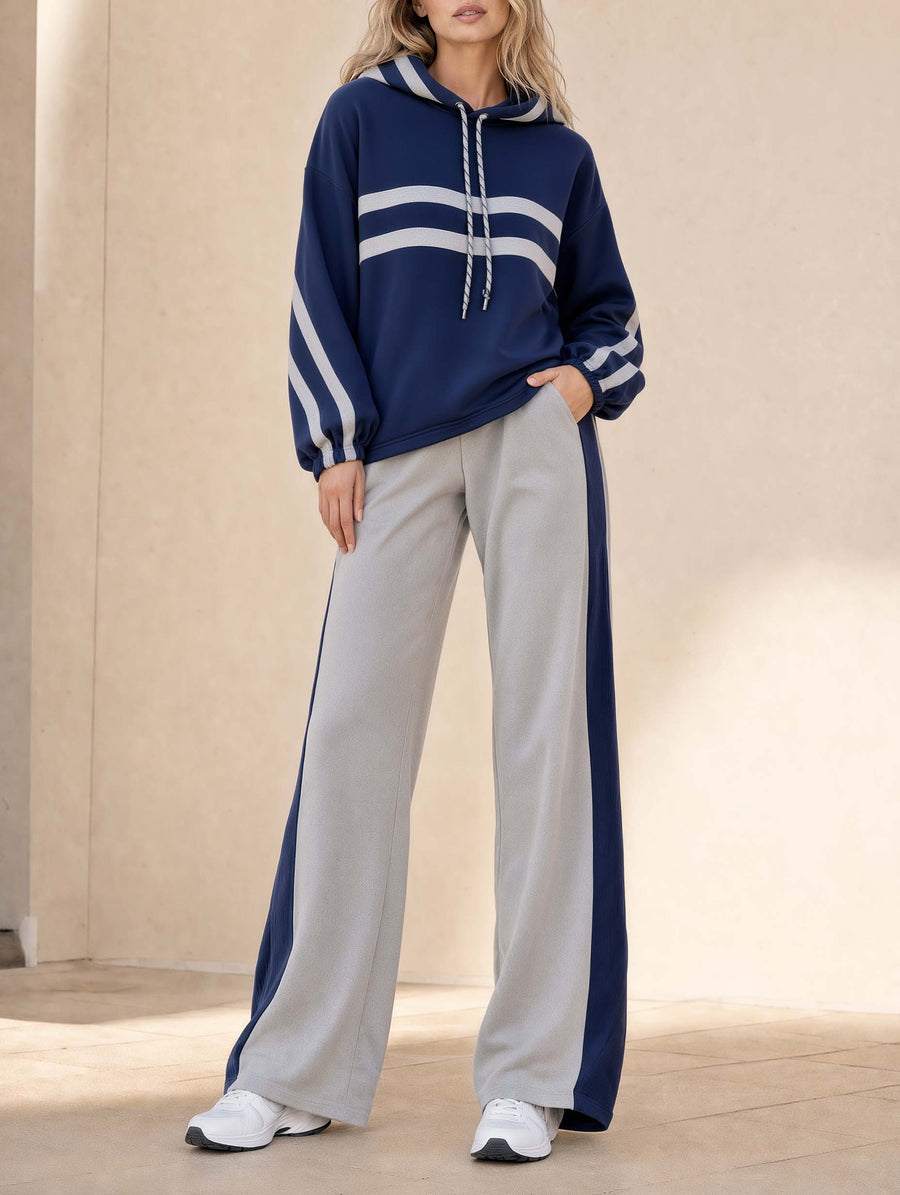 Navy And Grey Long-sleeve Hooded Top And Wide-leg Trousers Set