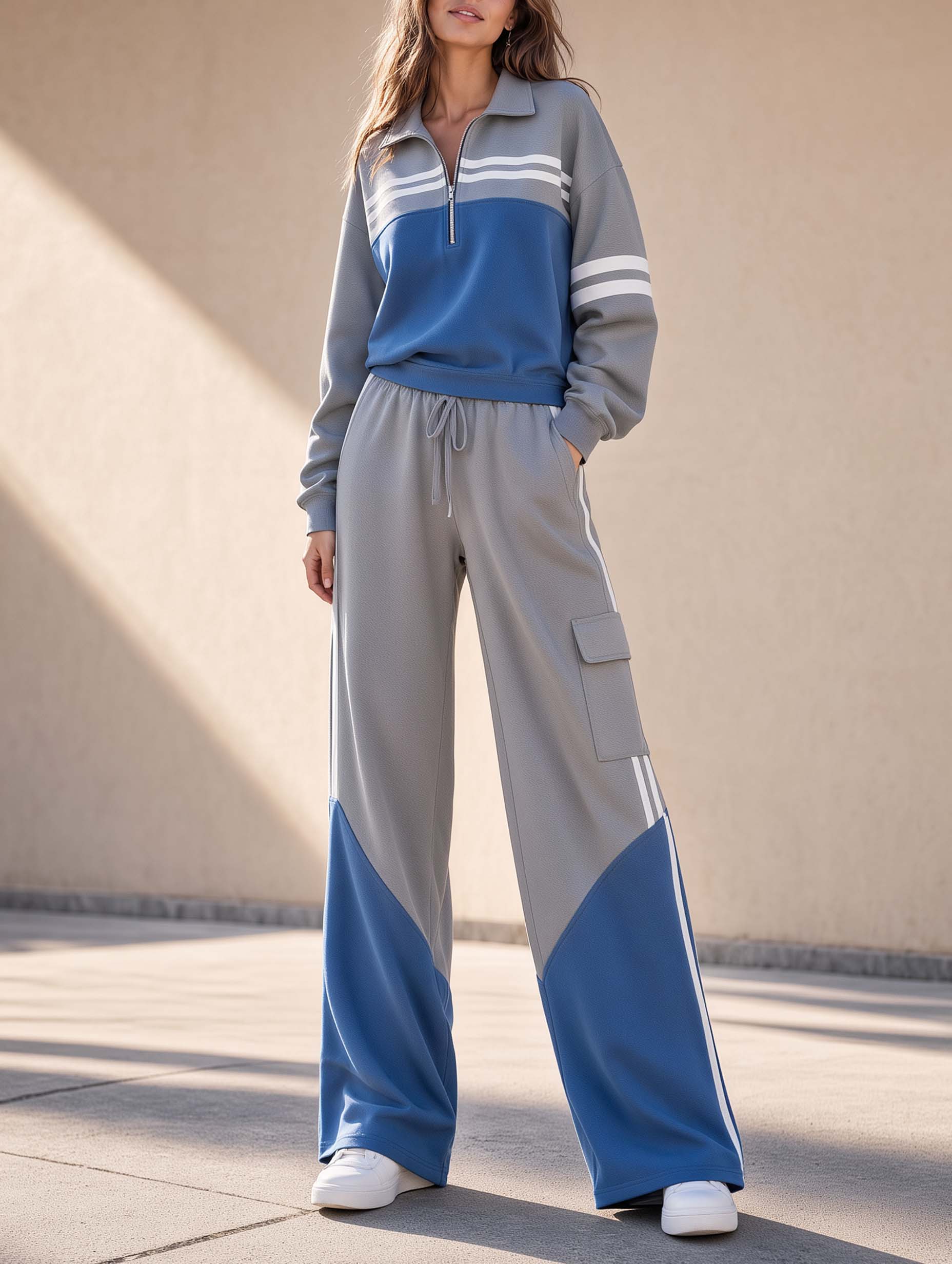 Grey And Blue Color-block Long-sleeve Half-zip Top And Wide-leg Trousers Set