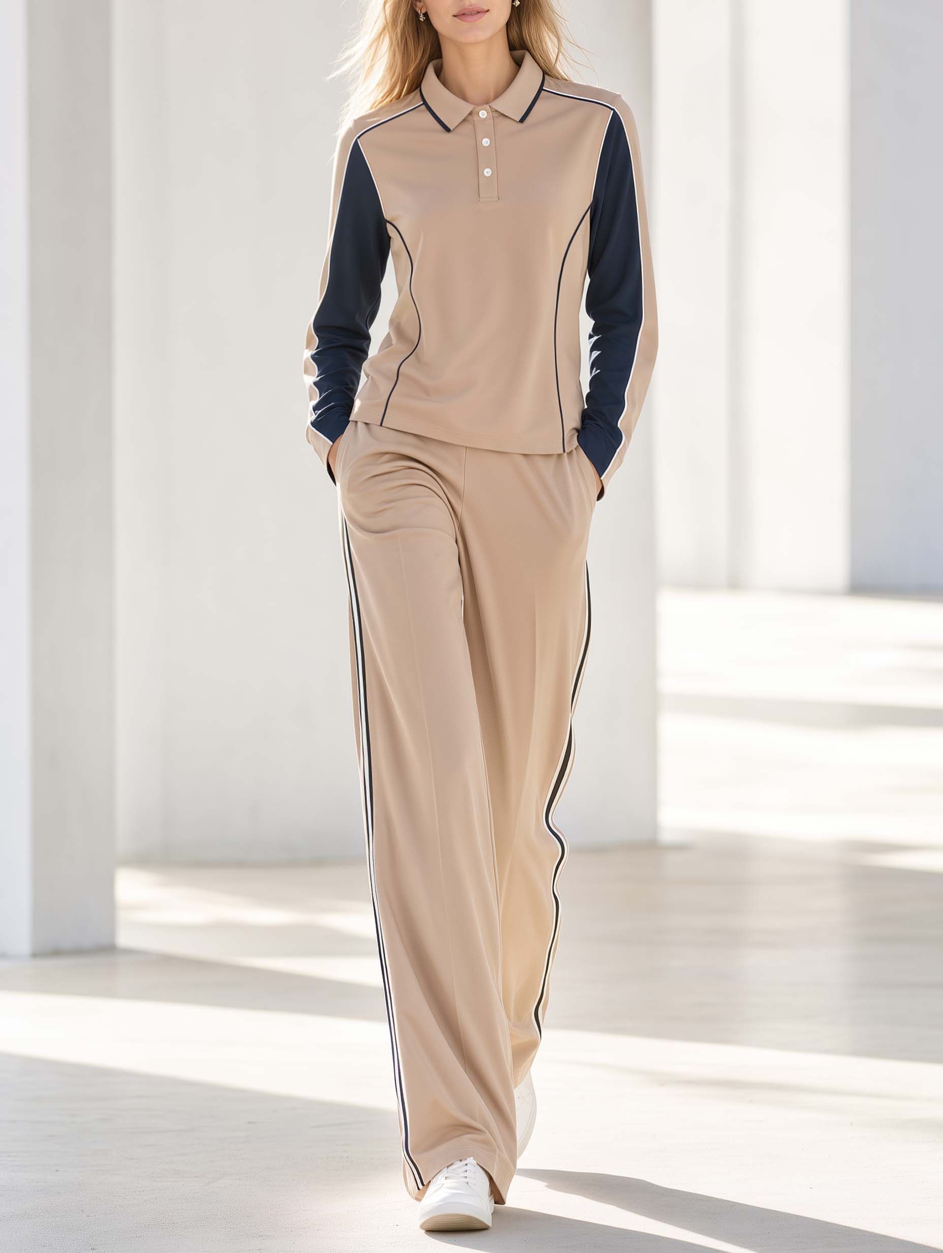 Khaki Color-block Long-sleeve Polo Top And Trousers Set