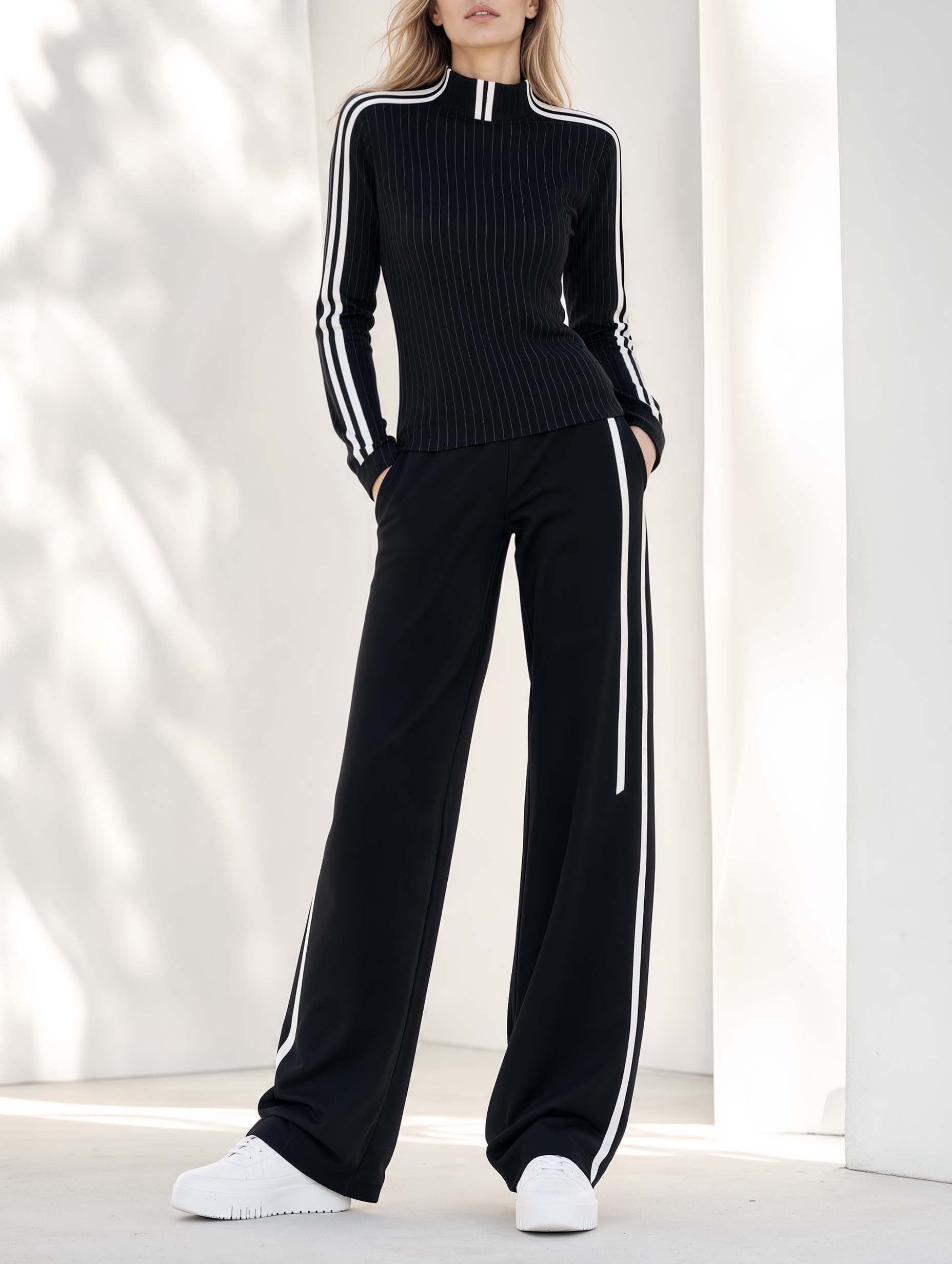 Stylish And Casual Slim-fit Black Color-block Long-sleeve Top And Trousers Set
