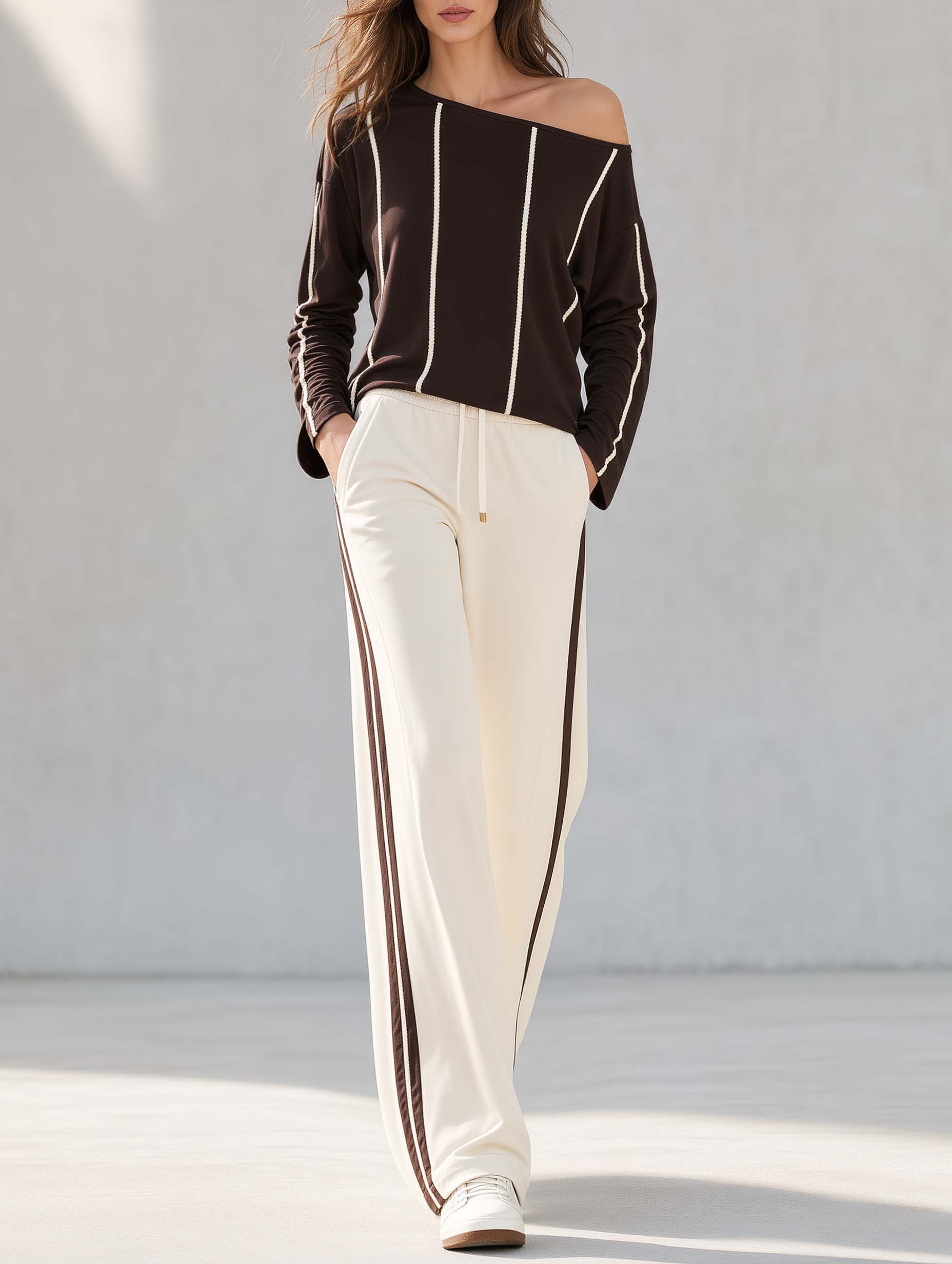 Brown Off-the-shoulder Long-sleeve Top And Off-white Trousers Set