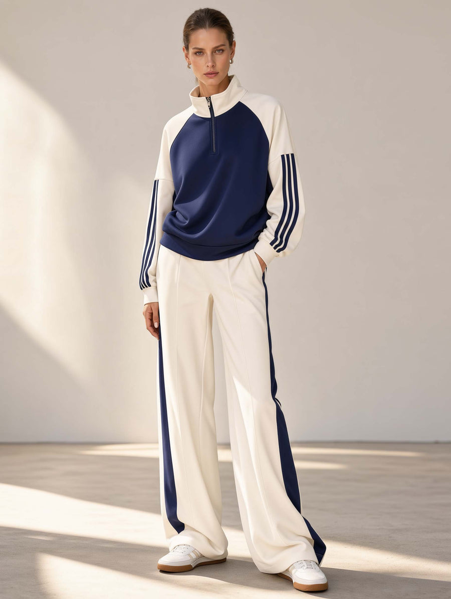 Navy And White Color-block Long-sleeve Top And Trousers Set With A Half-zip Collar