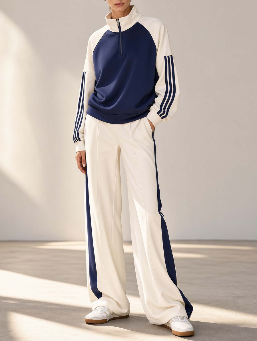 Navy And White Color-block Long-sleeve Top And Trousers Set With A Half-zip Collar