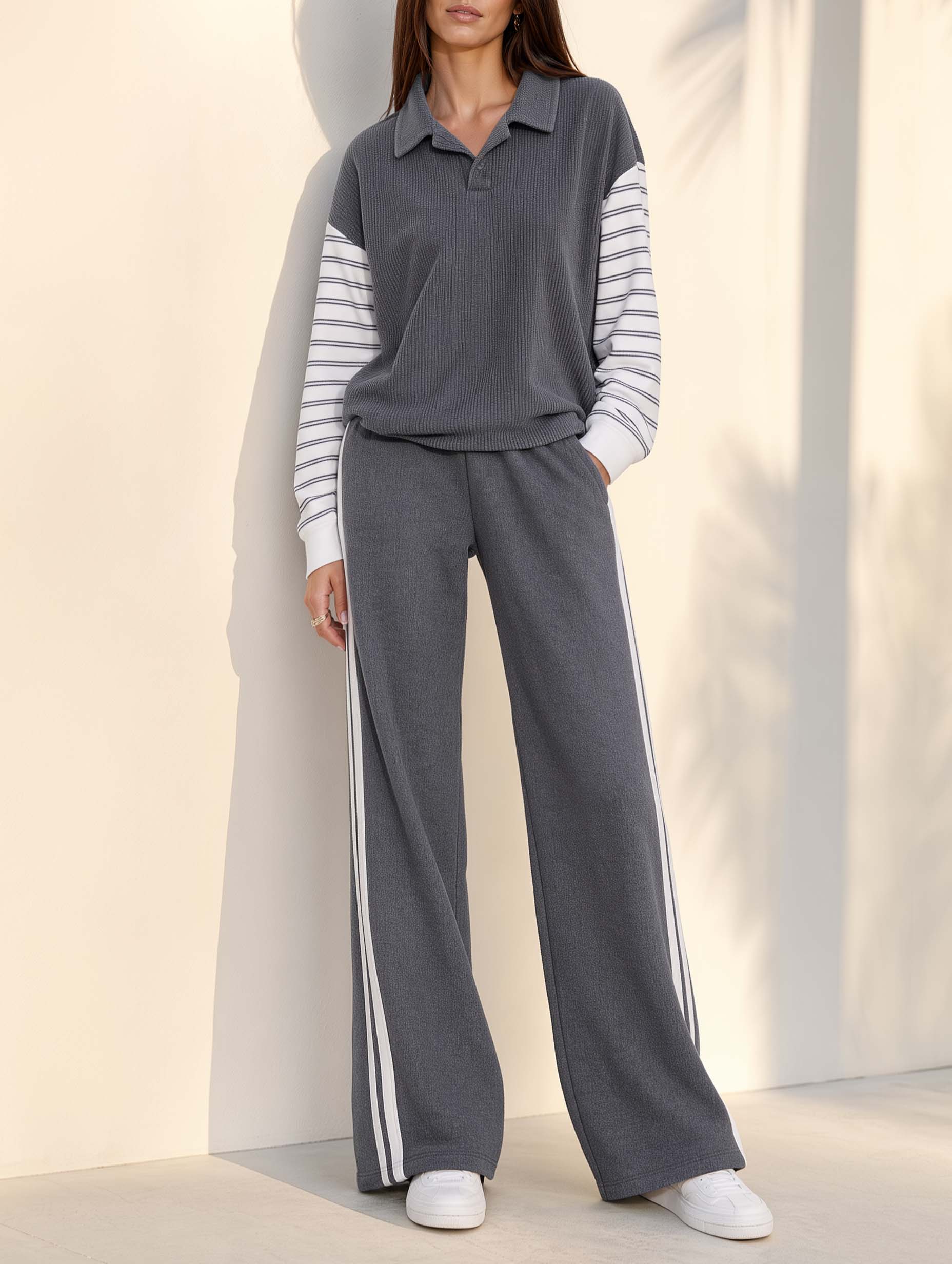 Stylish Grey Color-Block Corduroy Long-Sleeve Top And Pants Set