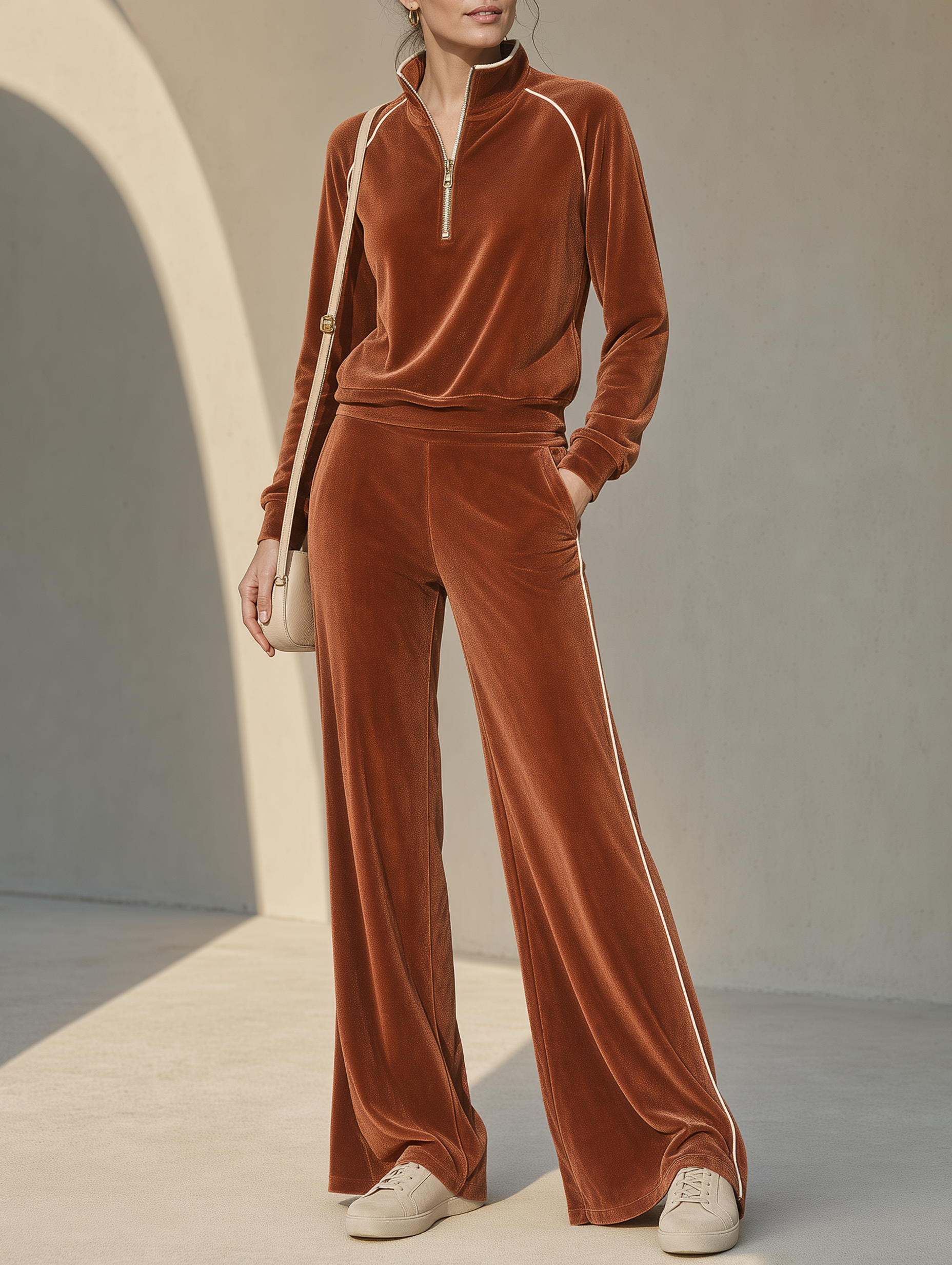 Women's Velour Half-Zip Long Sleeve Top And Wide Leg Pants Set