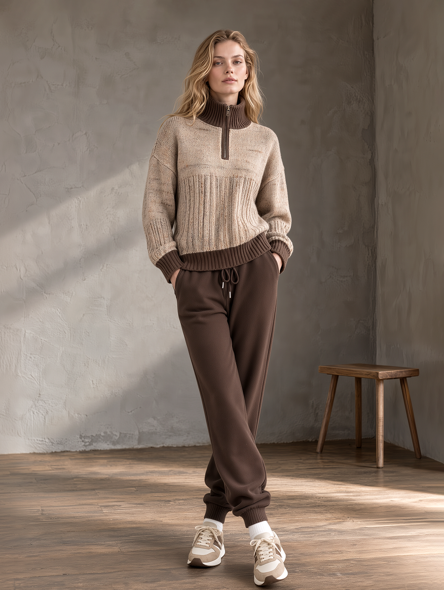 Khaki-brown Color-block Sweater And Cuffed Casual Pants Set