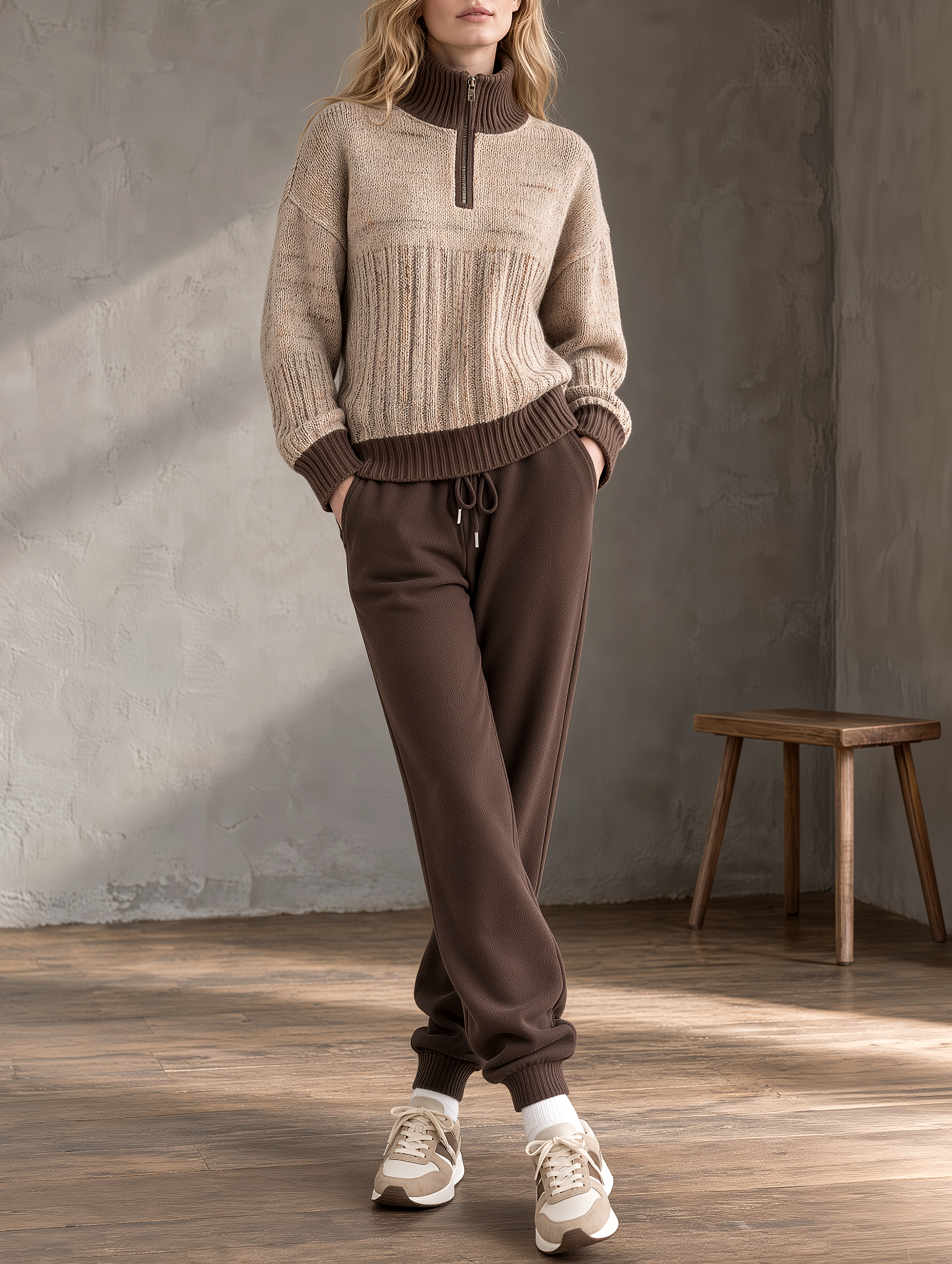 Khaki-brown Color-block Sweater And Cuffed Casual Pants Set