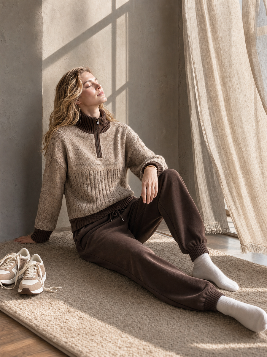 Khaki-brown Color-block Sweater And Cuffed Casual Pants Set