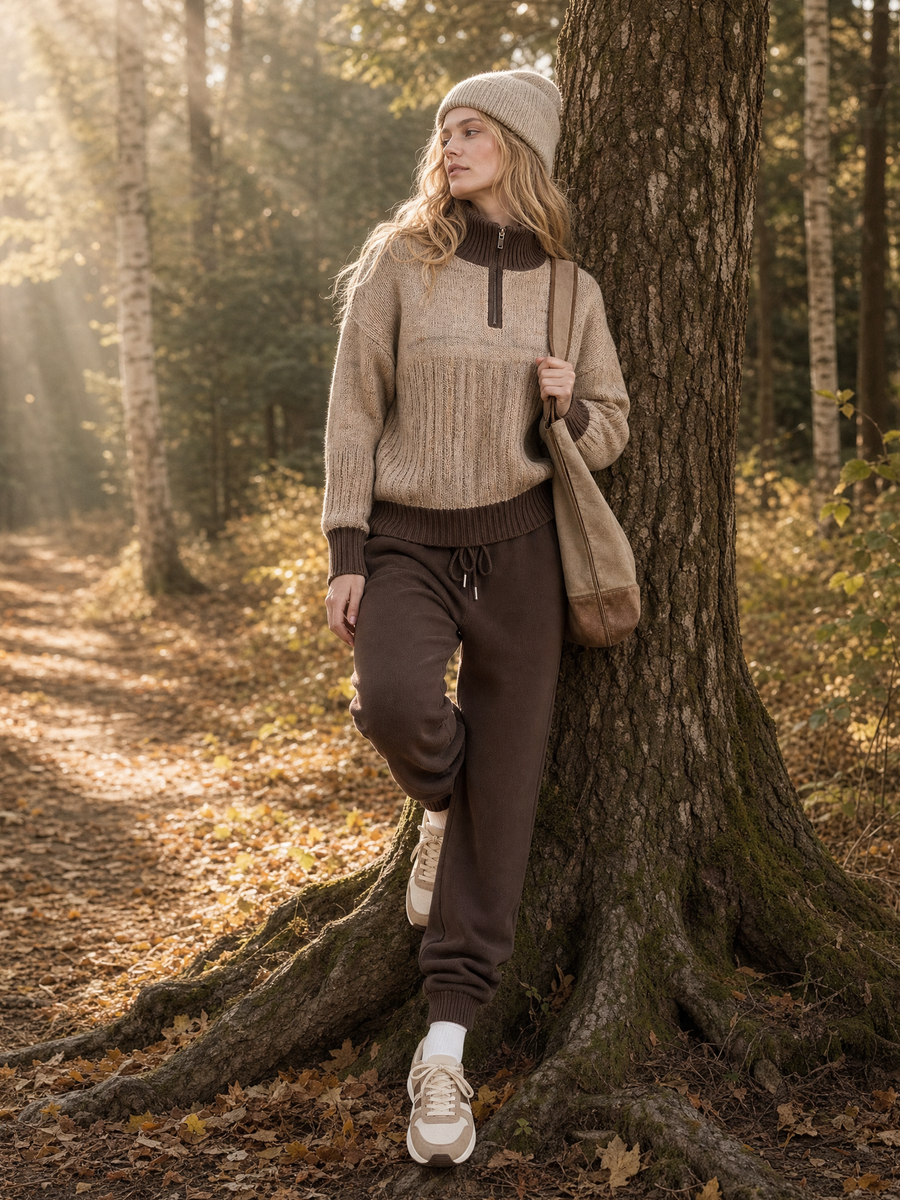 Khaki-brown Color-block Sweater And Cuffed Casual Pants Set