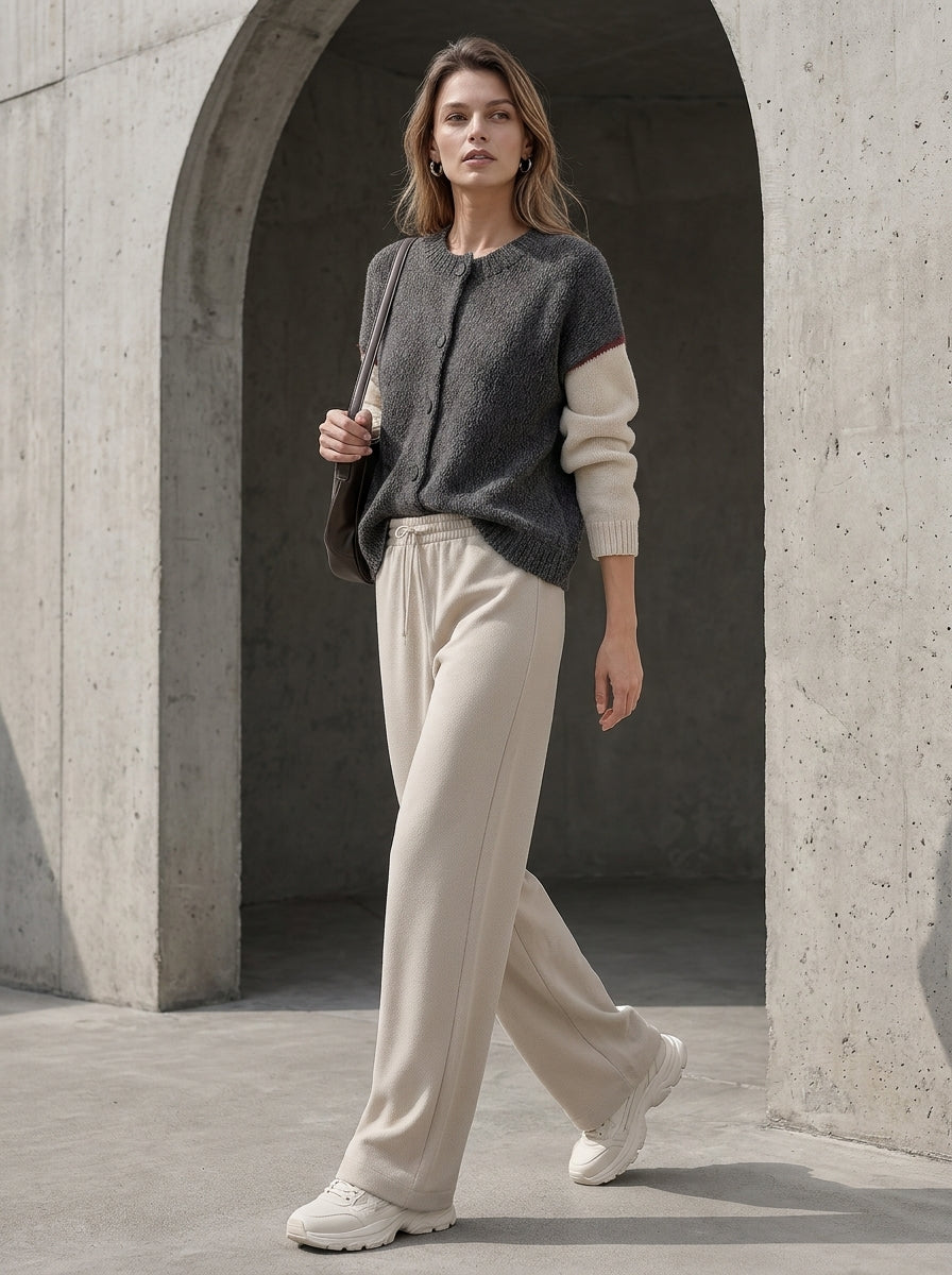 Charcoal Color-Block Bouclé Cardigan & Wide-Leg Pants Set