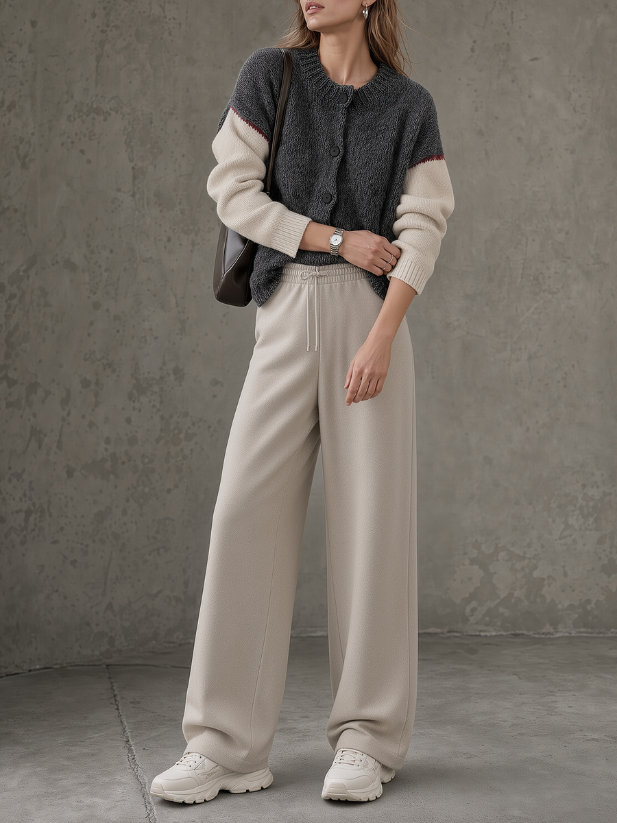 Charcoal Color-Block Bouclé Cardigan & Wide-Leg Pants Set