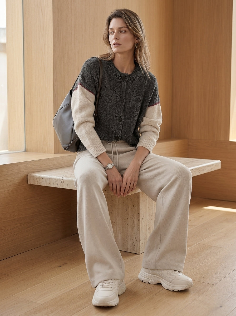 Charcoal Color-Block Bouclé Cardigan & Wide-Leg Pants Set