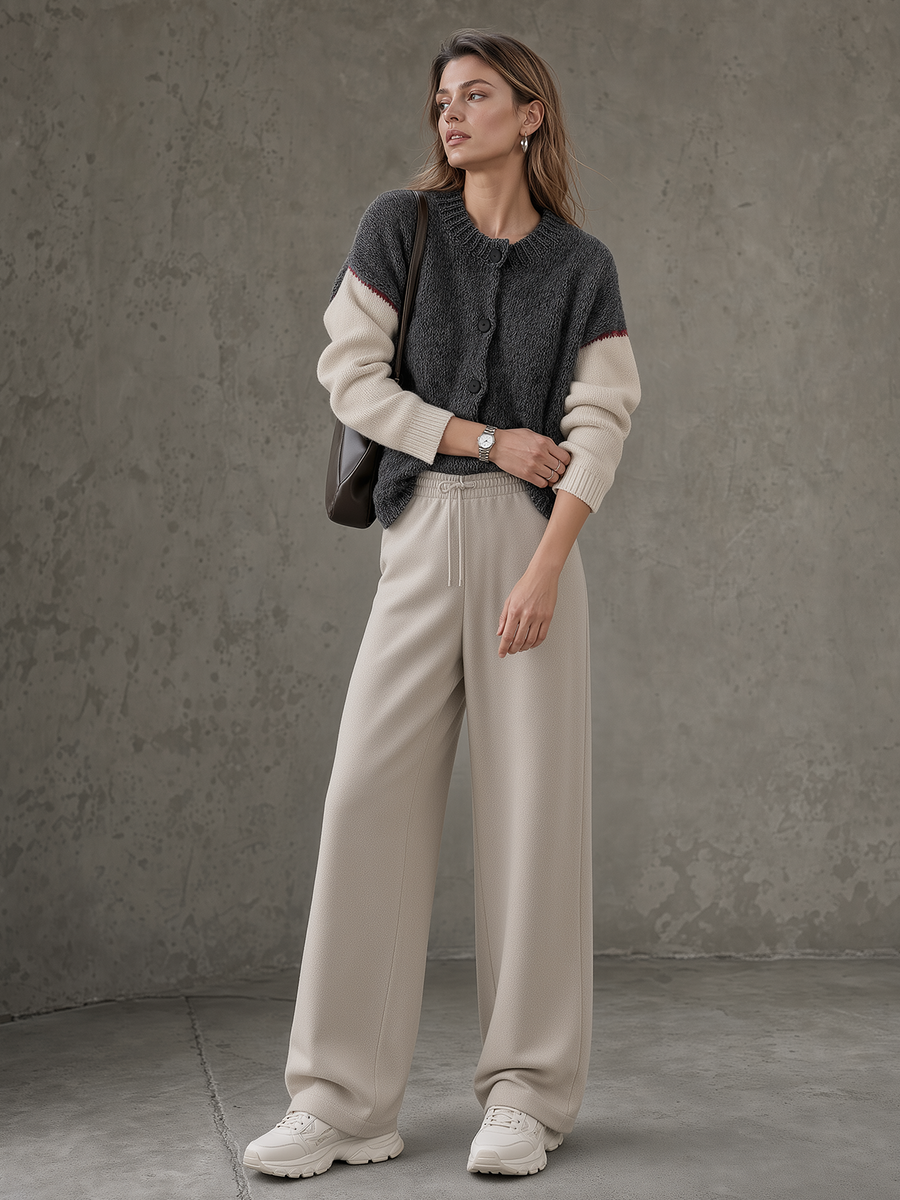 Charcoal Color-Block Bouclé Cardigan & Wide-Leg Pants Set