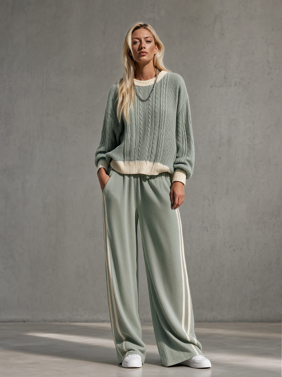Sage Green Cable-Knit Sweater & Side-Stripe Wide-Leg Pants Set