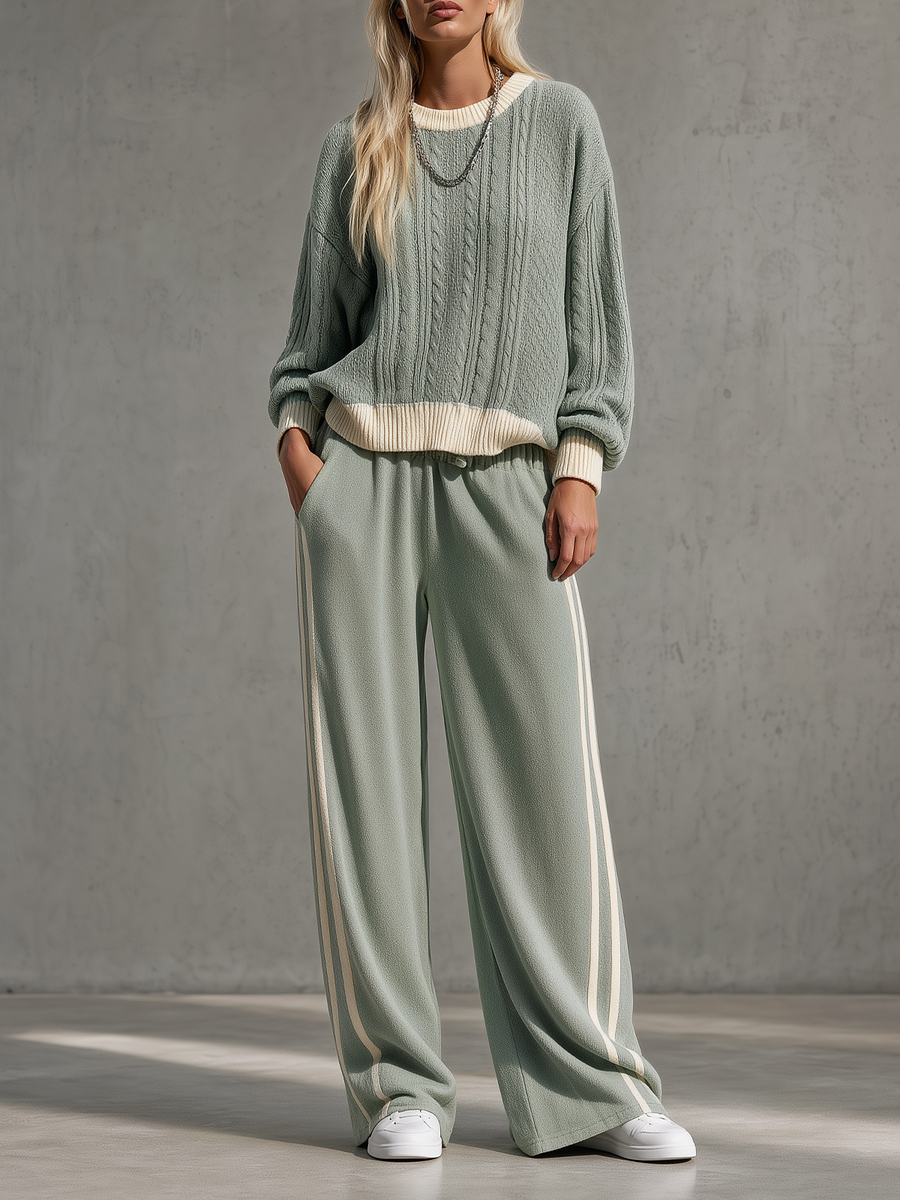 Sage Green Cable-Knit Sweater & Side-Stripe Wide-Leg Pants Set