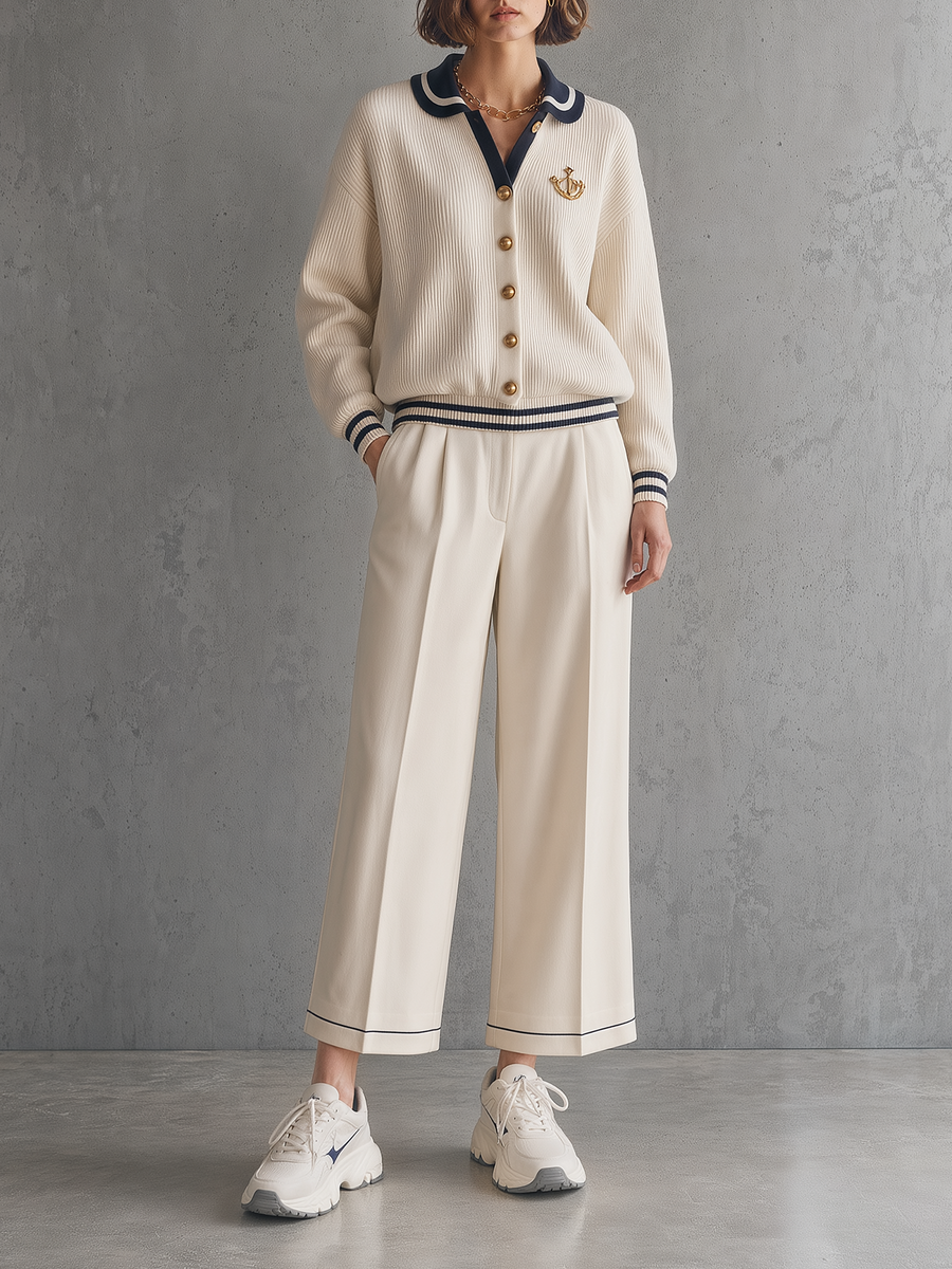 Nautical Polo-Collar Gold-Button Cardigan & Wide-Leg Trousers Set