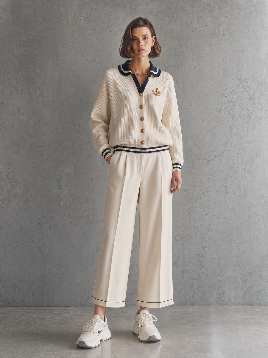 Nautical Polo-Collar Gold-Button Cardigan & Wide-Leg Trousers Set