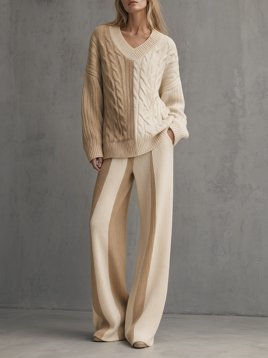 Cream Color-Block V-Neck Cable Knit Sweater & Wide-Leg Pants Set