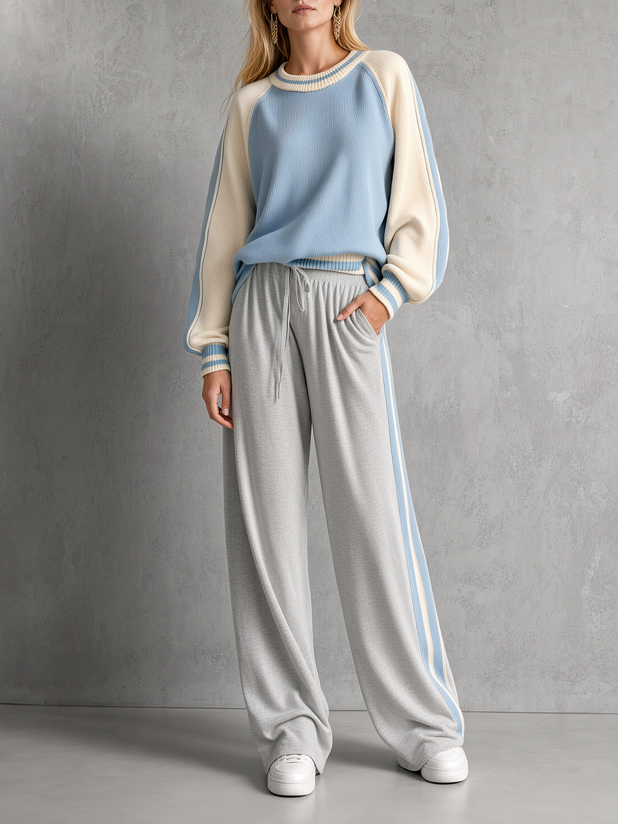 Powder Blue Color-Block Raglan Knit Top & Grey Wide-Leg Pants Set